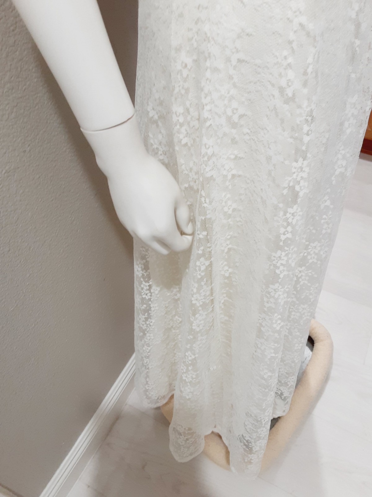 Vtg Wedding Tea Party dress Lace Off White Short Sleeve Cape High Neck Union