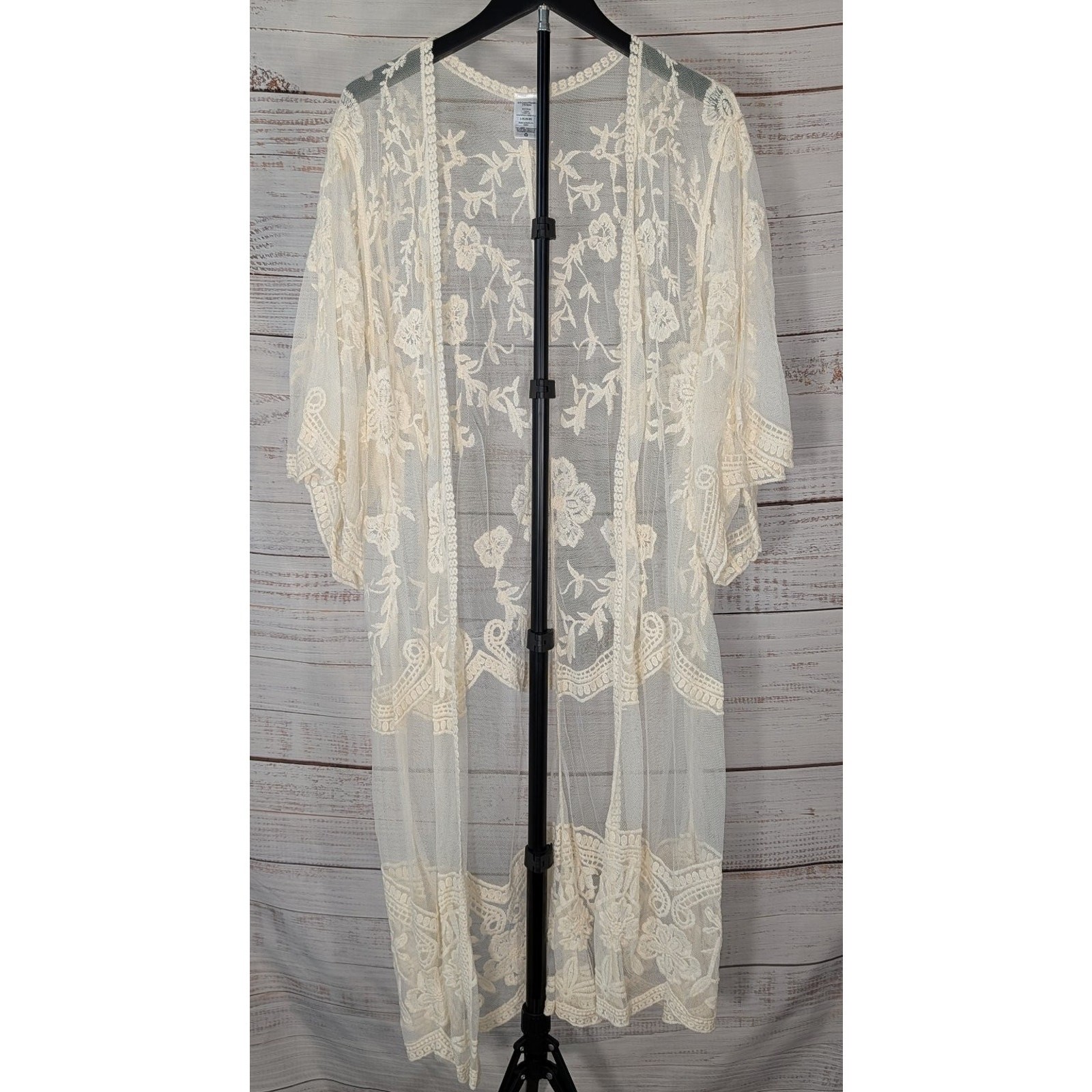 Cream Floral Lace Kimono Cardigan L-XL Embroidered Sheer Boho