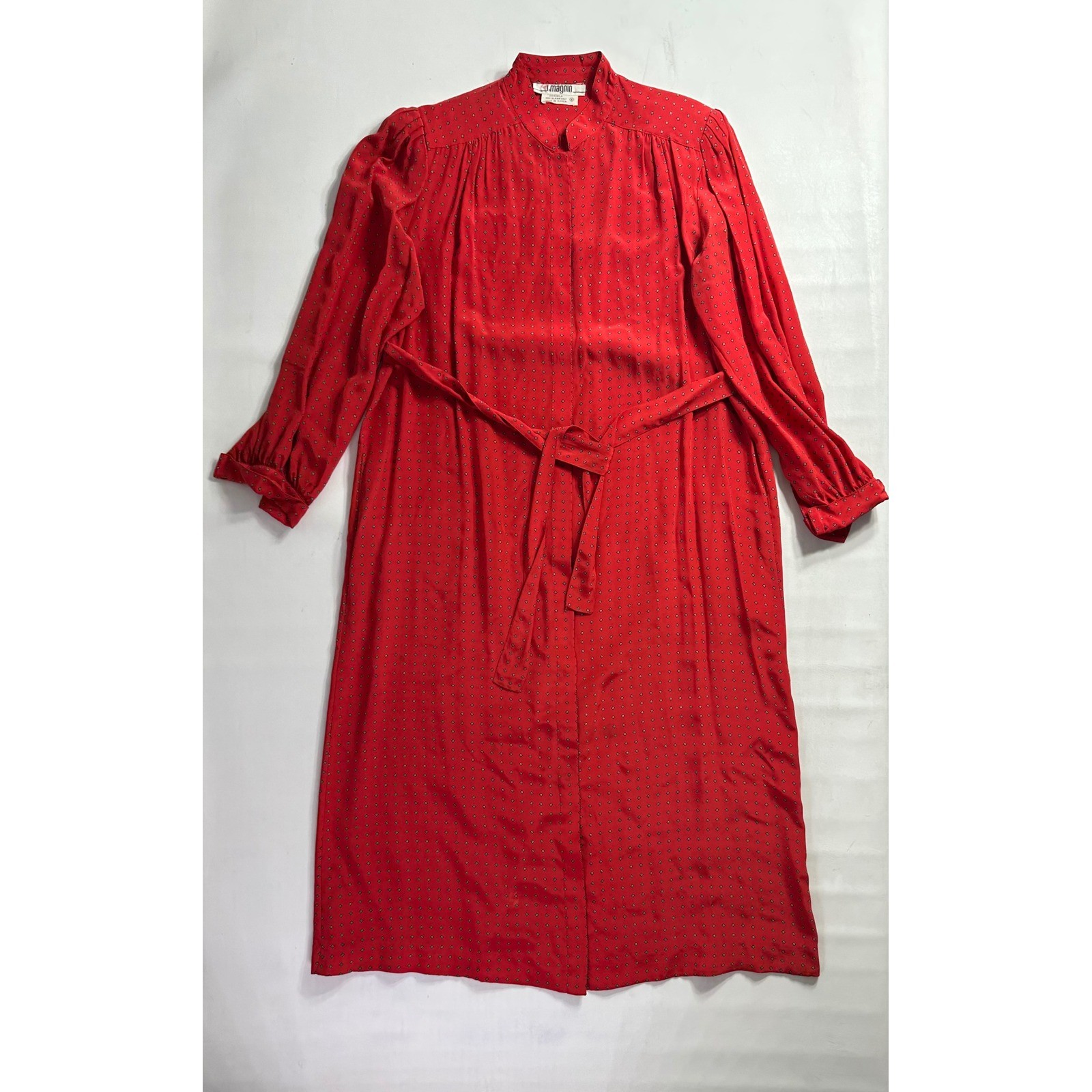 I Magnin Vintage Red Silk Geometric Diamond Print Belted Midi Dress Womens 12