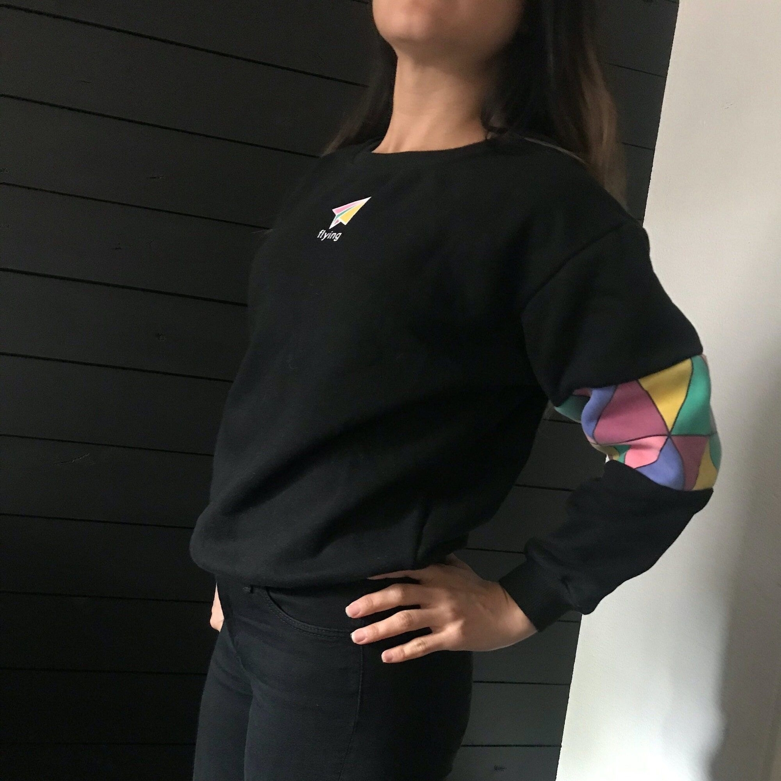 vtg 80s knit black sweatshirt pastel kite boho crewneck pullover small street