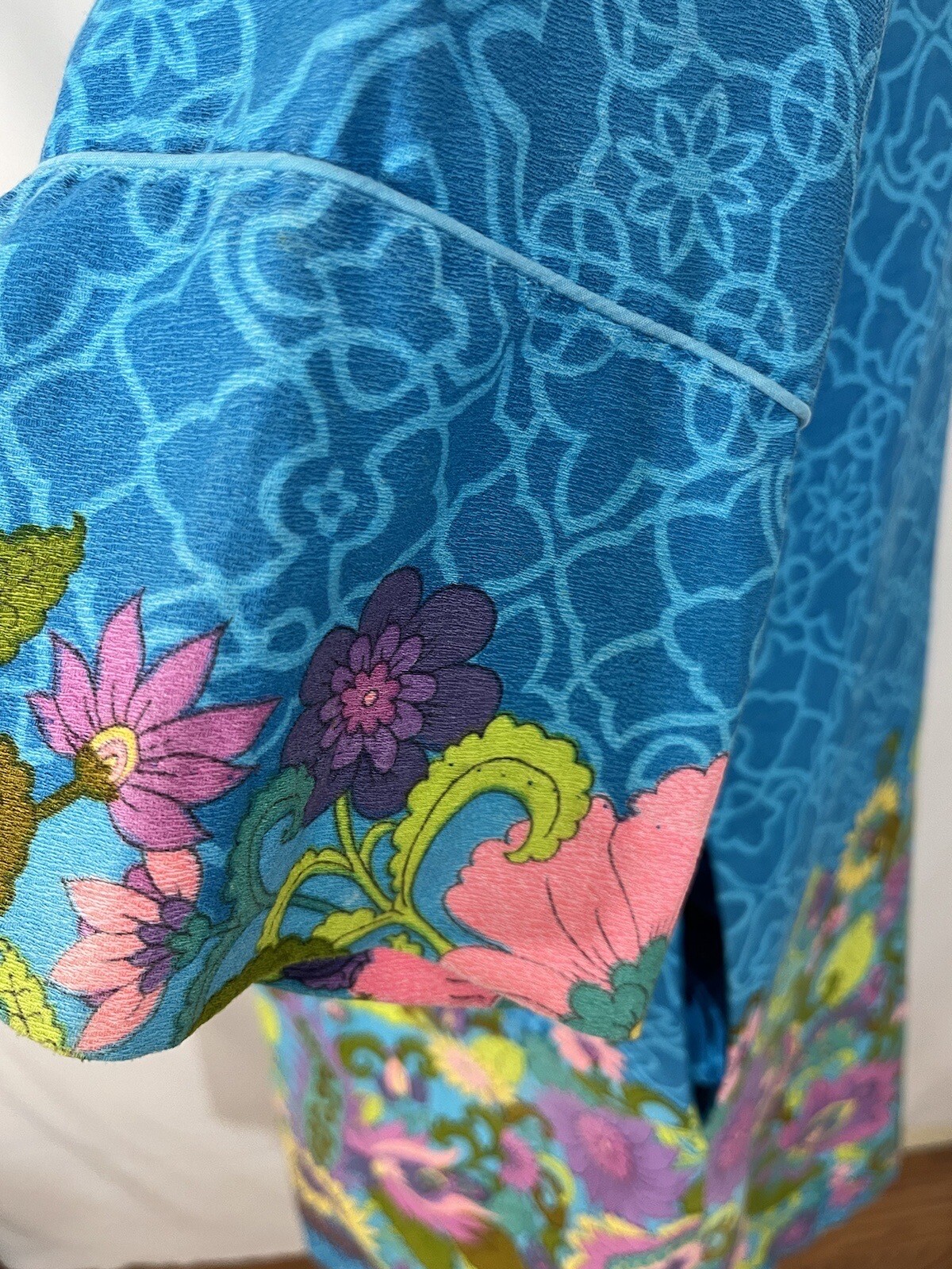 60s Lorraine Robe Barkcloth M Bright Colorful Floral Flaws READ Description Mod