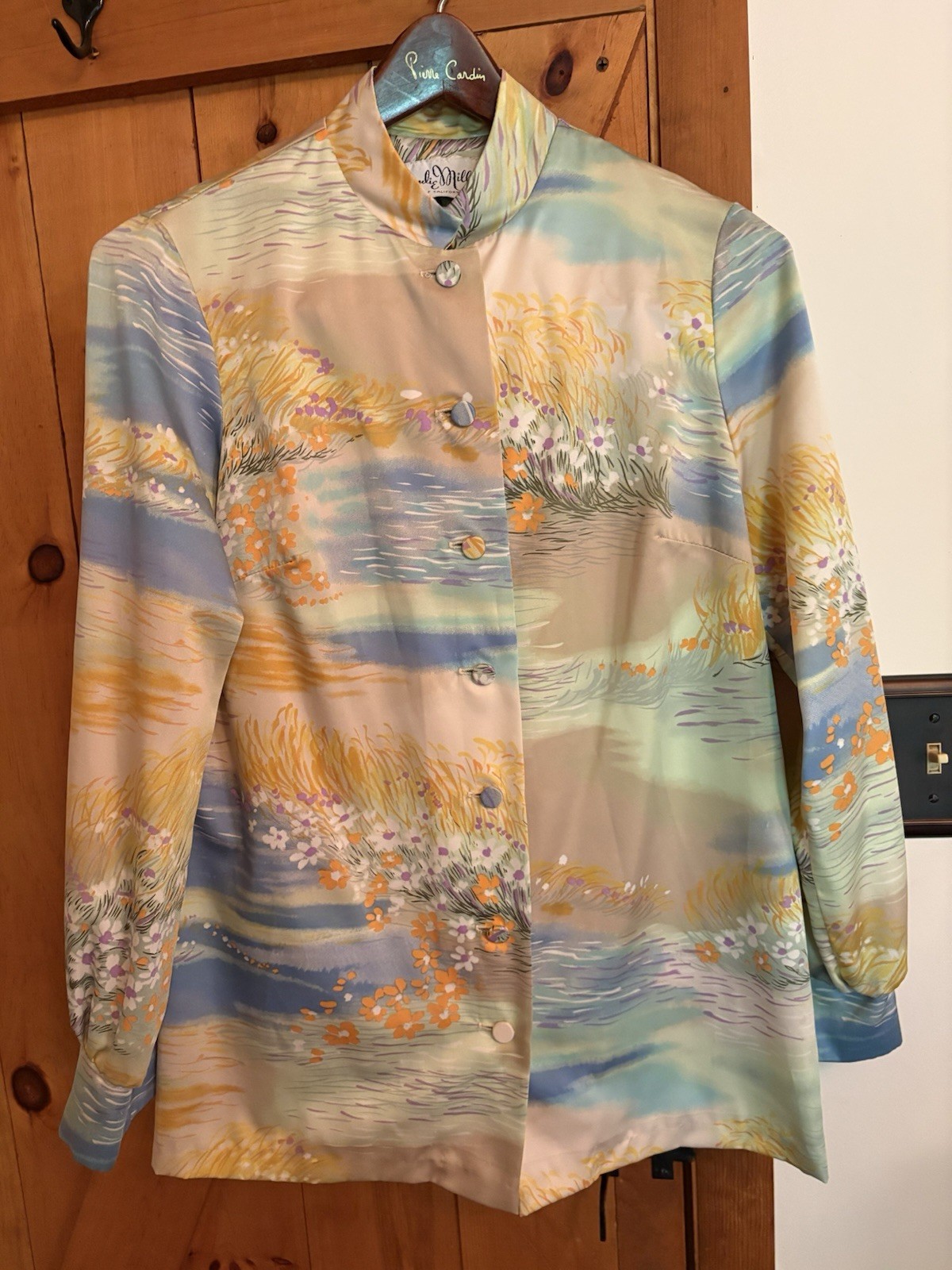 Vintage 1960s Julie Miller California Blouse Nehru Collar Covered Buttons Small