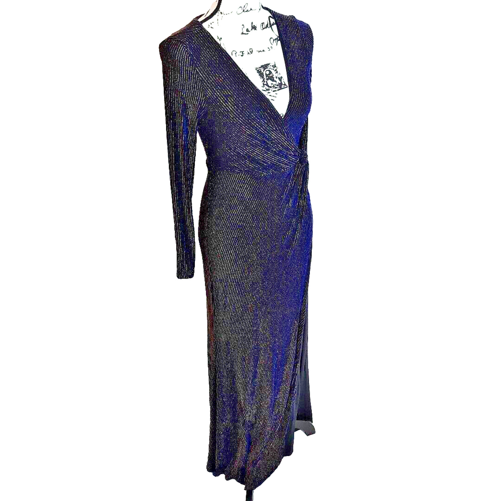 Vintage 90s Metallic Faux Wrap Maxi Dress Size 4 Black Blue Whimsigoth Event