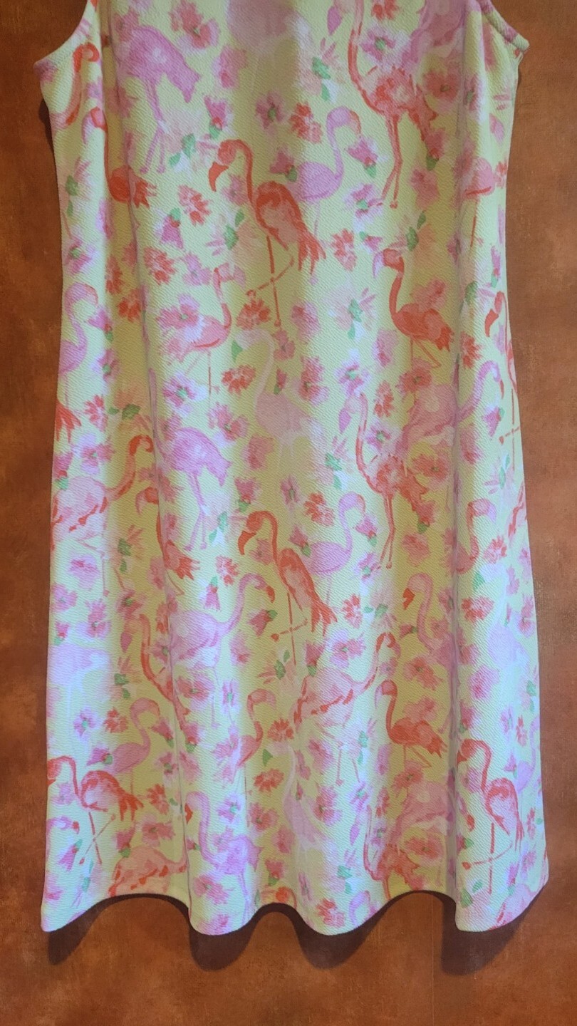 Vintage Cappagallo Pink Flamingo Yellow Swing Dress S Floridian Sundress