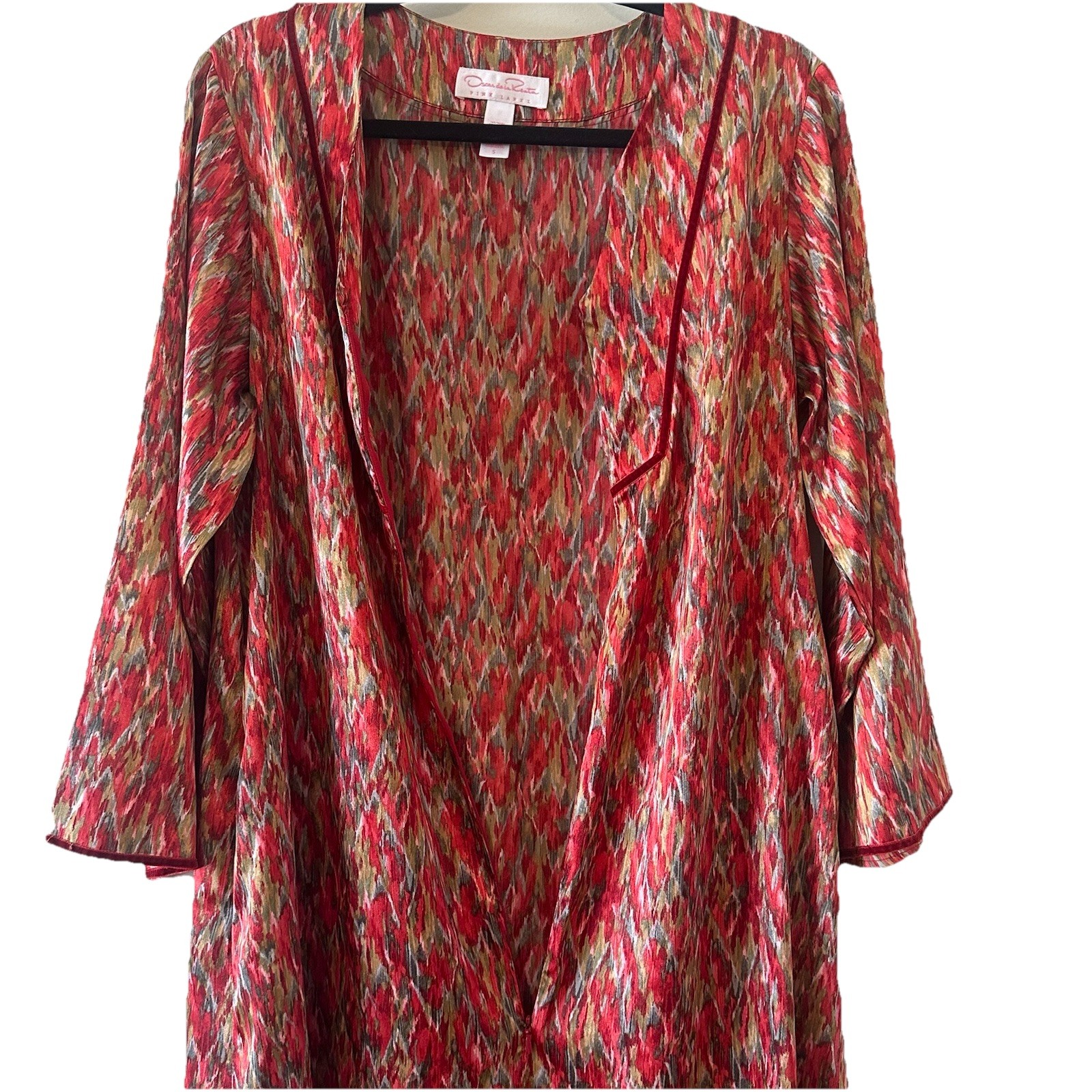 Oscar de la Renta Geometric Satin Pockets Caftan Dress Muumuu Half Zip Sz Small