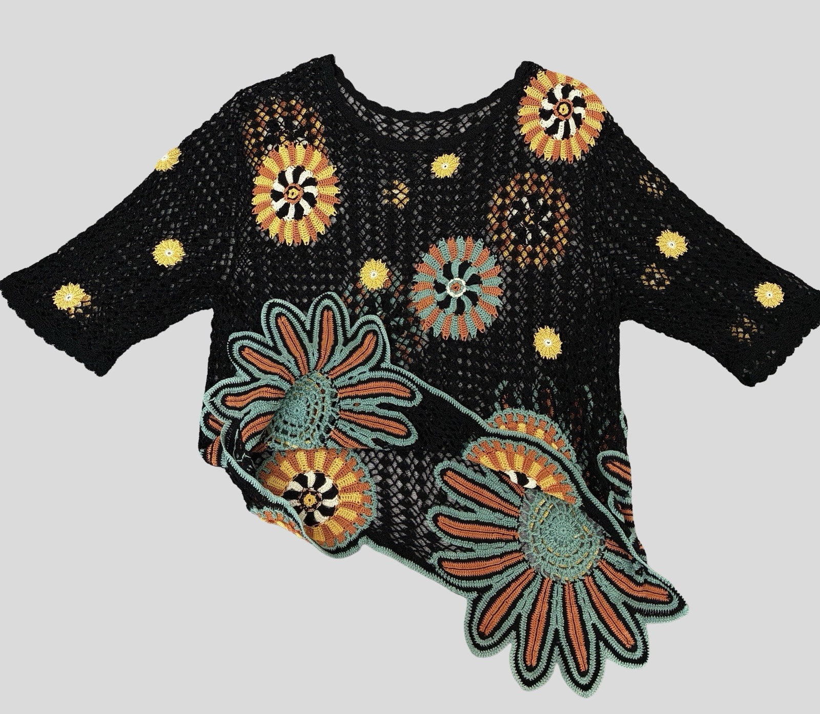 Vintage Crochet Black Multicolor Top Artsy Floral Bohemian Medium 90s Grunge