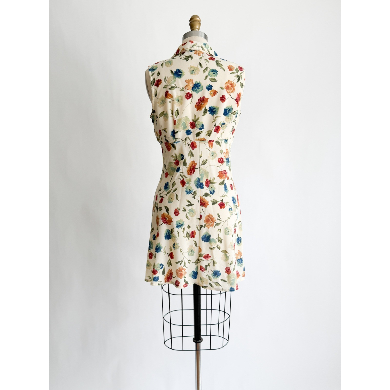 Contempo Casuals Mini Dress Vintage 90s Floral Sleeveless Collared Small Cream