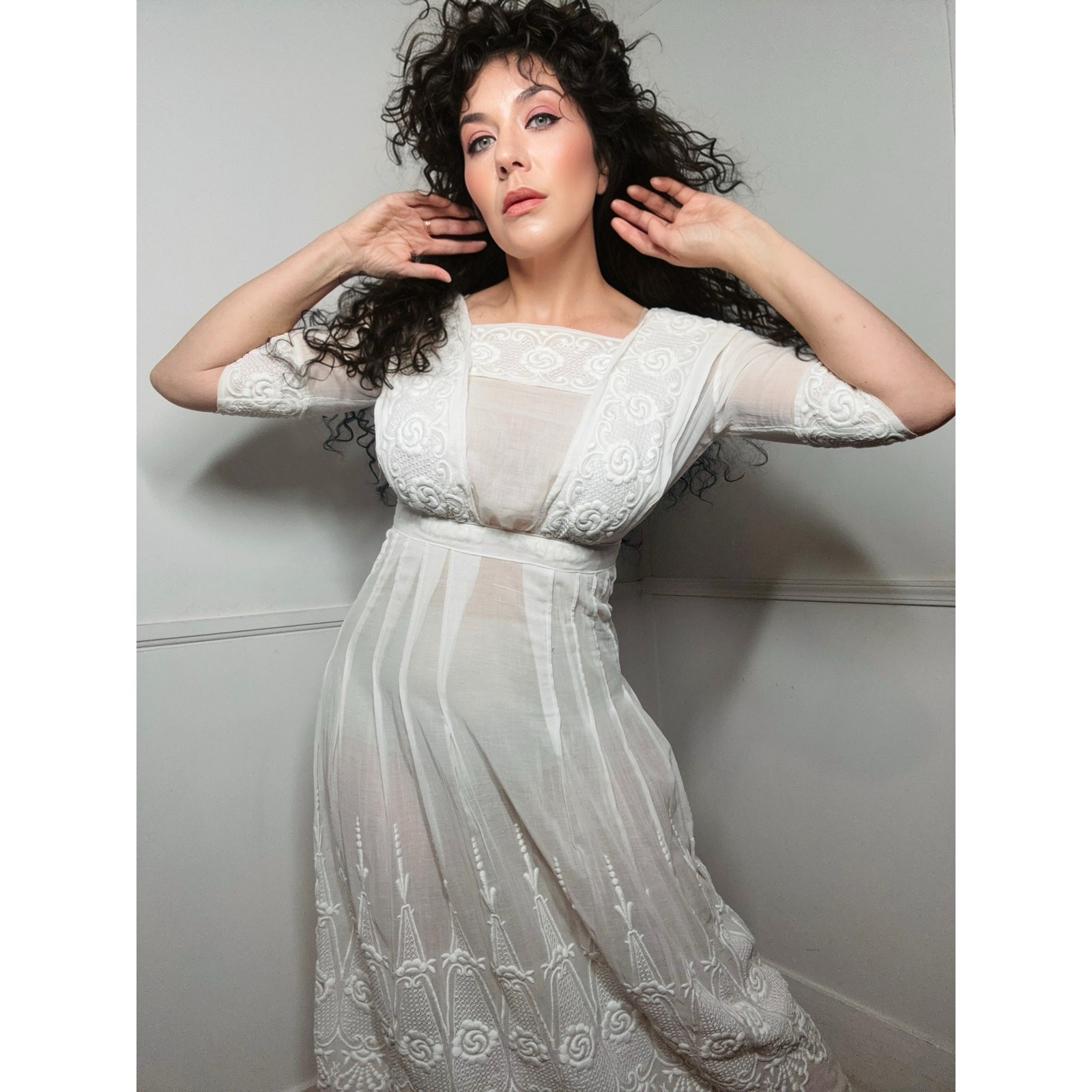 XXS Edwardian Antique Lawn Cotton Embroidered Dress