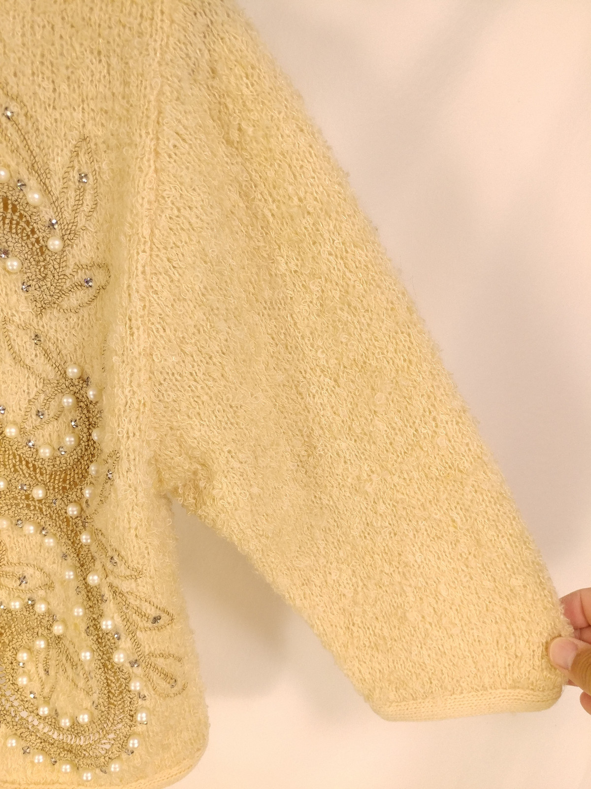 Vtg 50s Glam ETHEL of Beverly Hills Cream Pearl Cardigan Sweater Wool Up to 34″