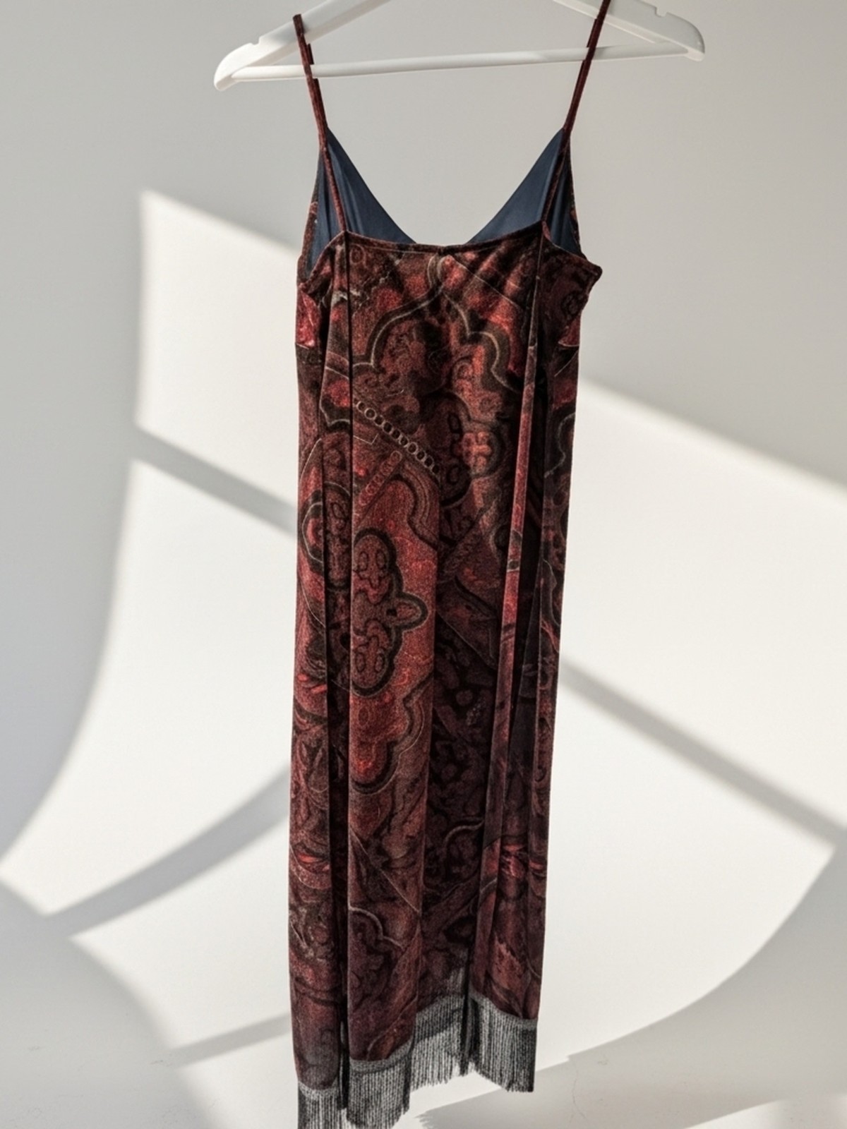 Vintage 90s Dawn Joy Velvet Paisley Slip Dress Asymmetric Fringe Whimsigoth 3/4
