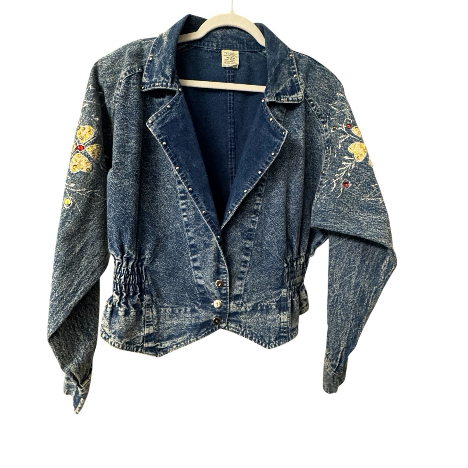 80s Denim Jacket Short Acid Wash Floral Embroidery Embellished Crop Sz M Vtg EUC