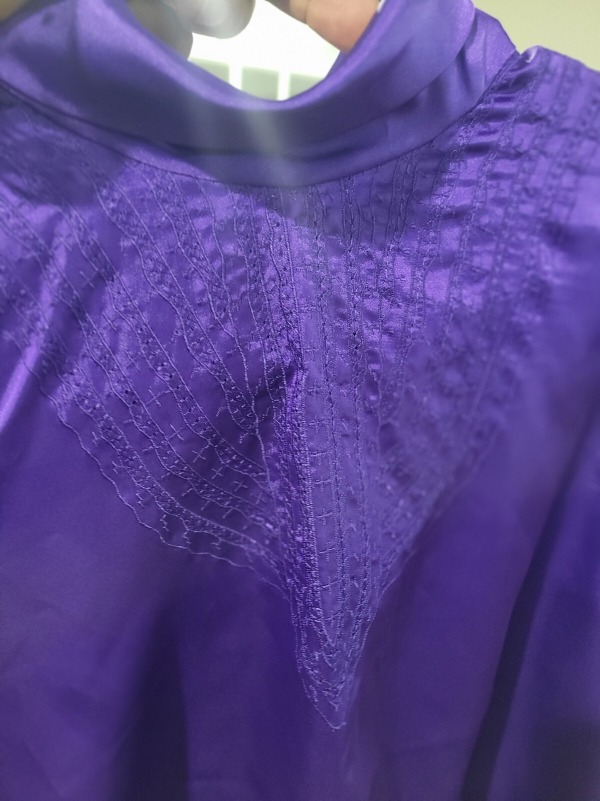 Vintage Compositions Shiny Purple Button Back High Neck Secretary Blouse Sz 12