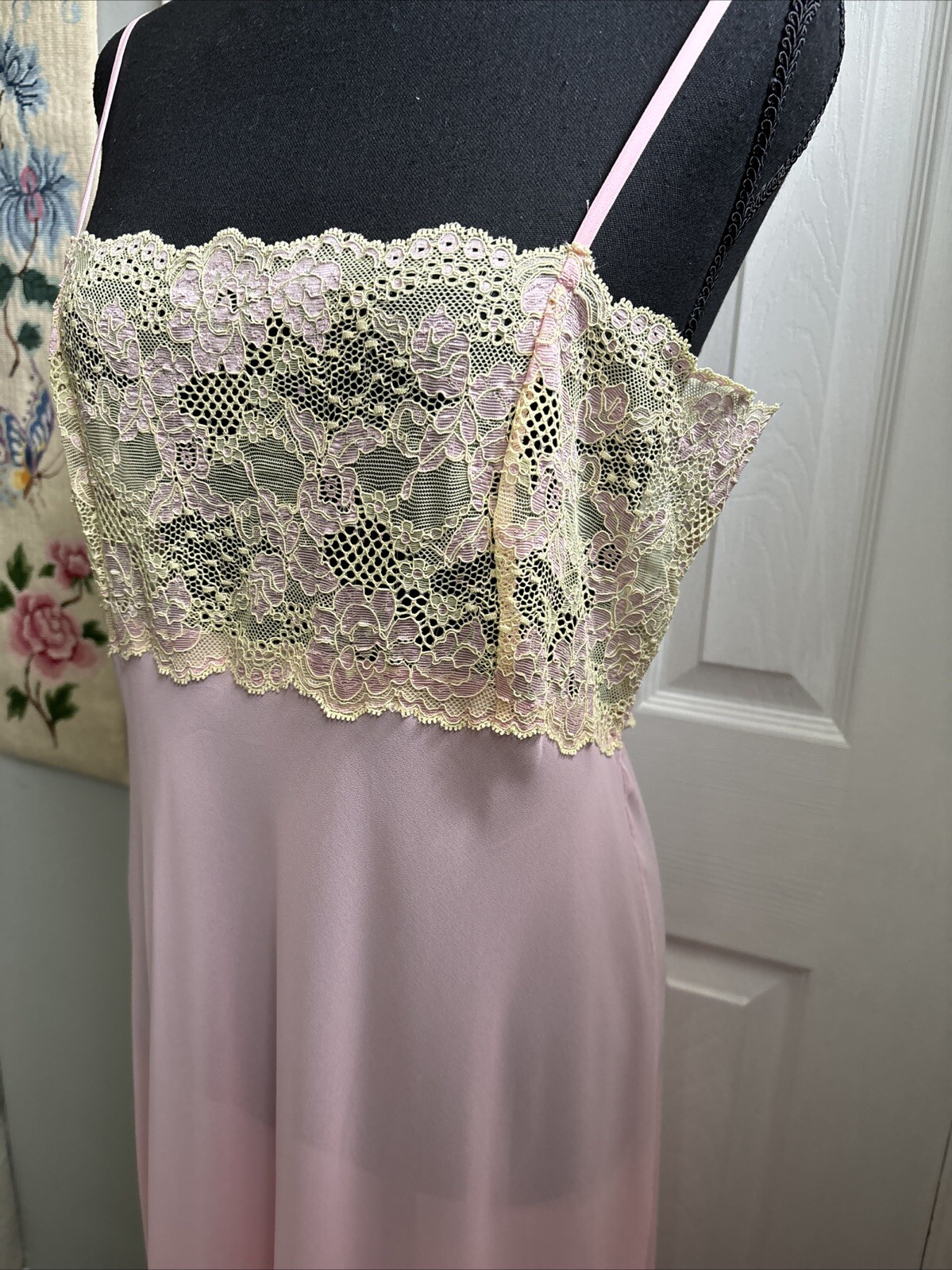 Vntg SLIP DRESS LINGERIE Pink CHIFFON Yellow LACE NIGHT GOWN VICTORIAS SECRET