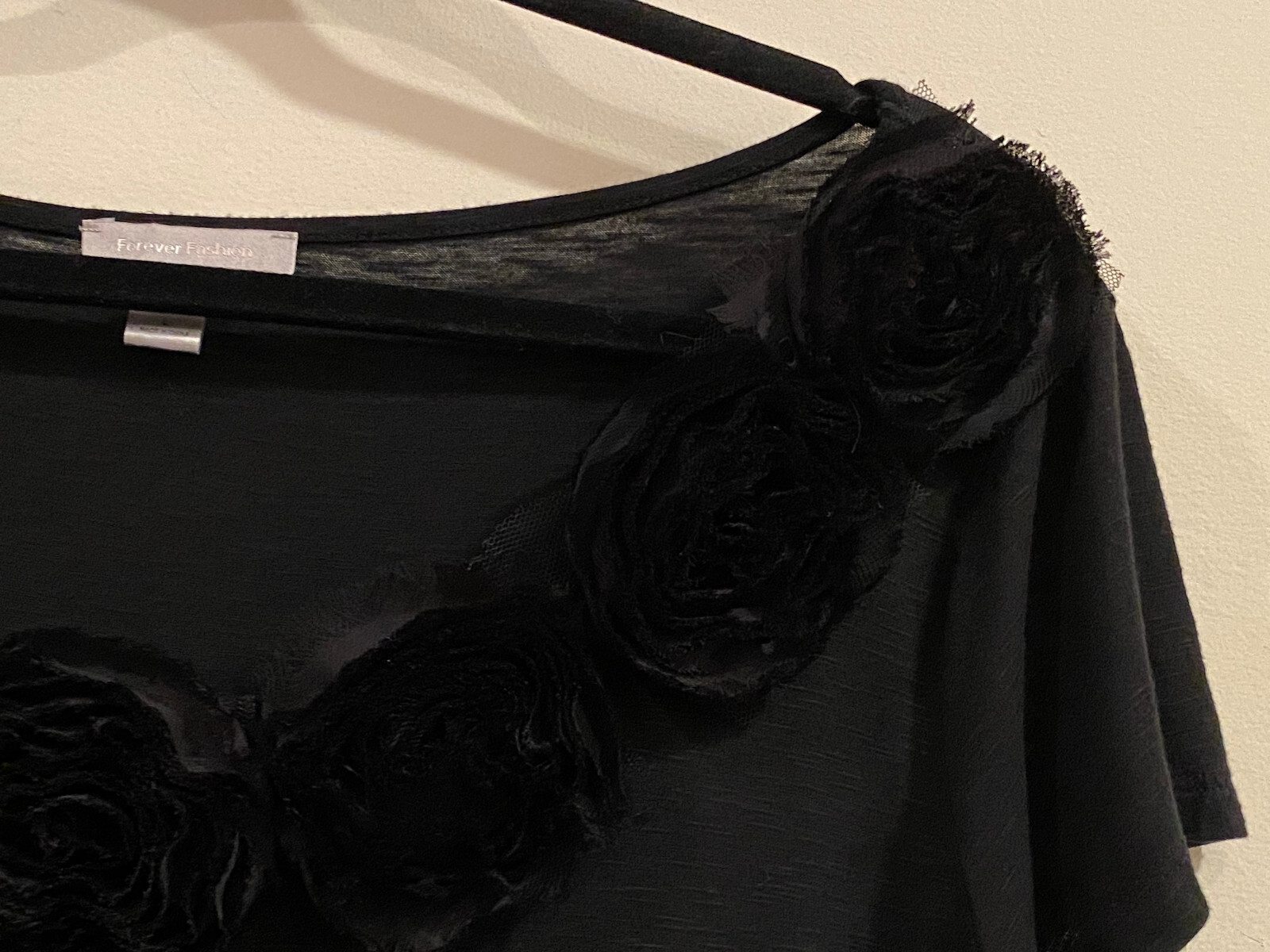 Vintage Forever Fashion Black Polyester & Spandex Top w/Black Rose Decoration -L