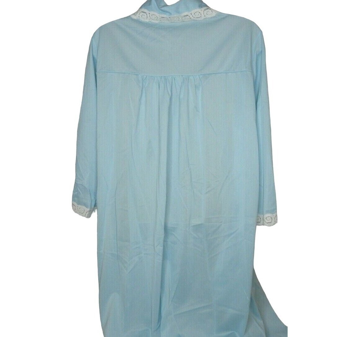 Vintage Komar Blue Nylon Robe Average Medium 3/4 Sleeve Lace Trim Button Front