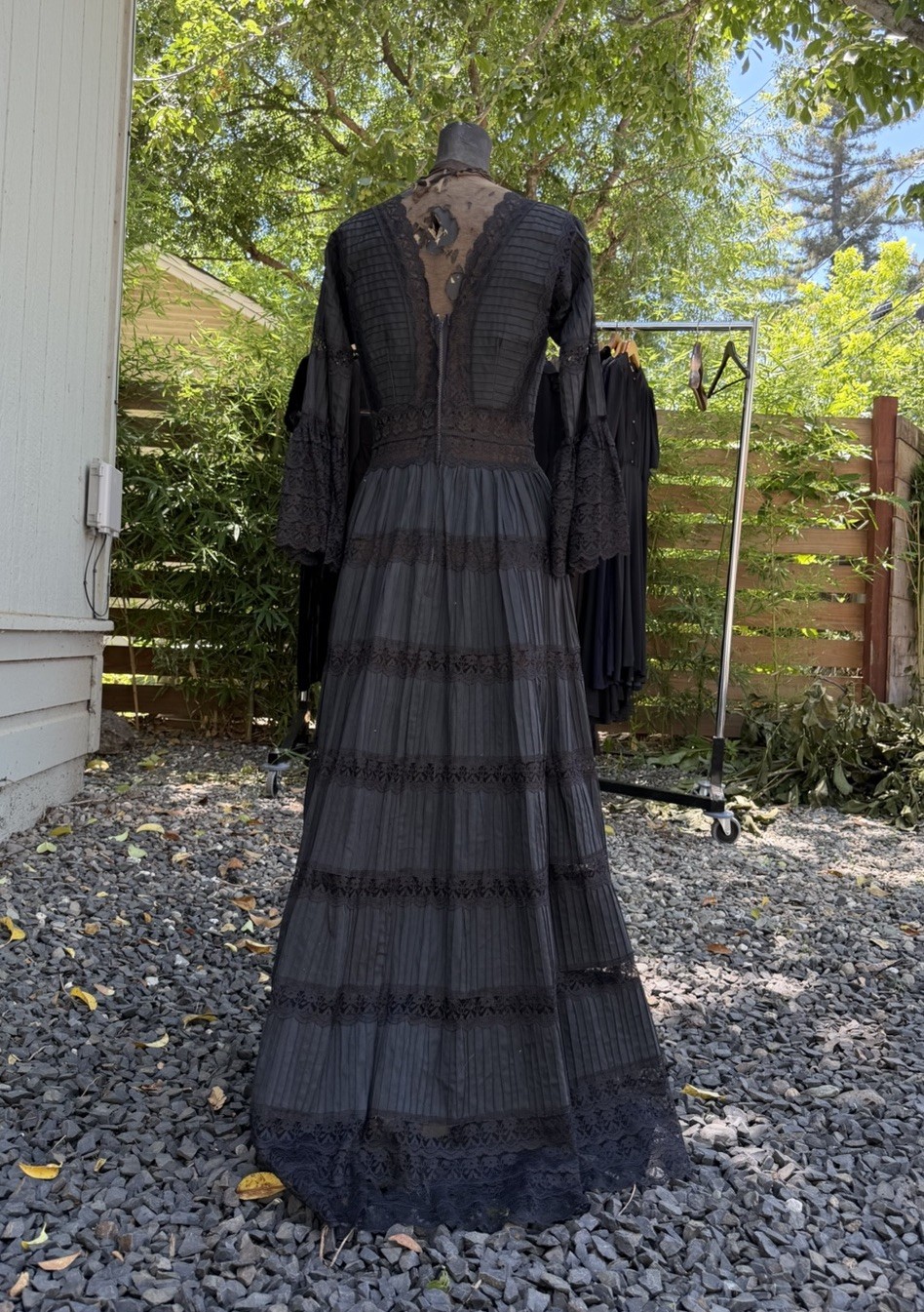 60s/70s Black Cotton Lace Maxi Dress Victorian Prairie Gothic Romantic Vintage