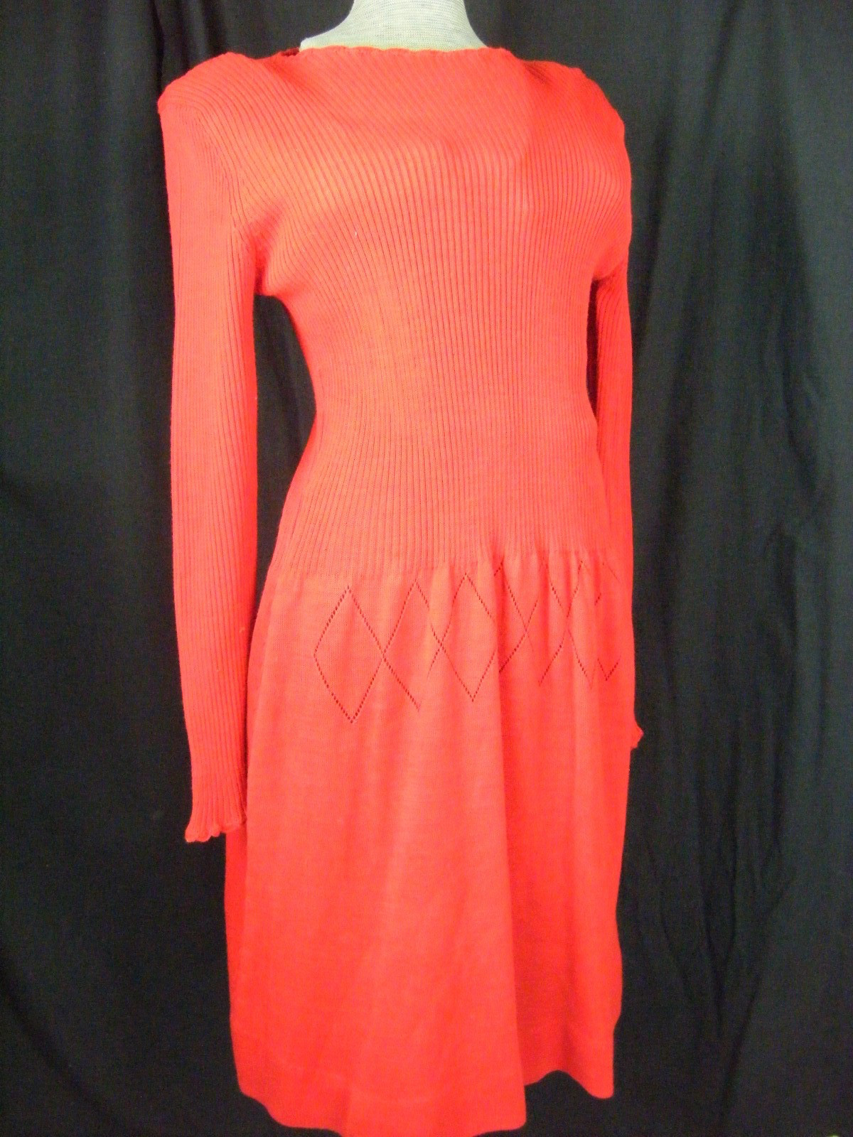 Vtg 60-70s Red Acrylic Knit Ribbed Dress-Bust 34 to 40/XS-S