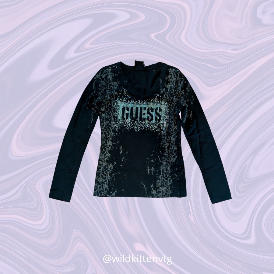 90s-y2k GUESS black rhinestone logo long sleeve crewneck