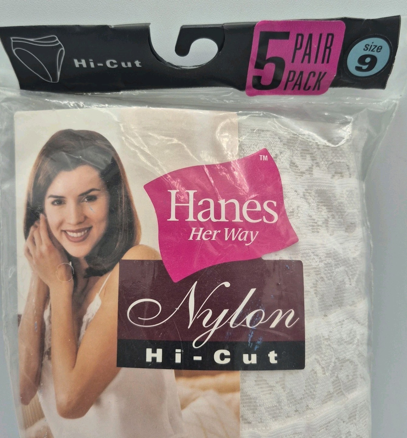 NEW VTG 99′ 5-Pack White Hanes Her Way 100% Nylon HI-CUT Lacey Top Panties Sz 9