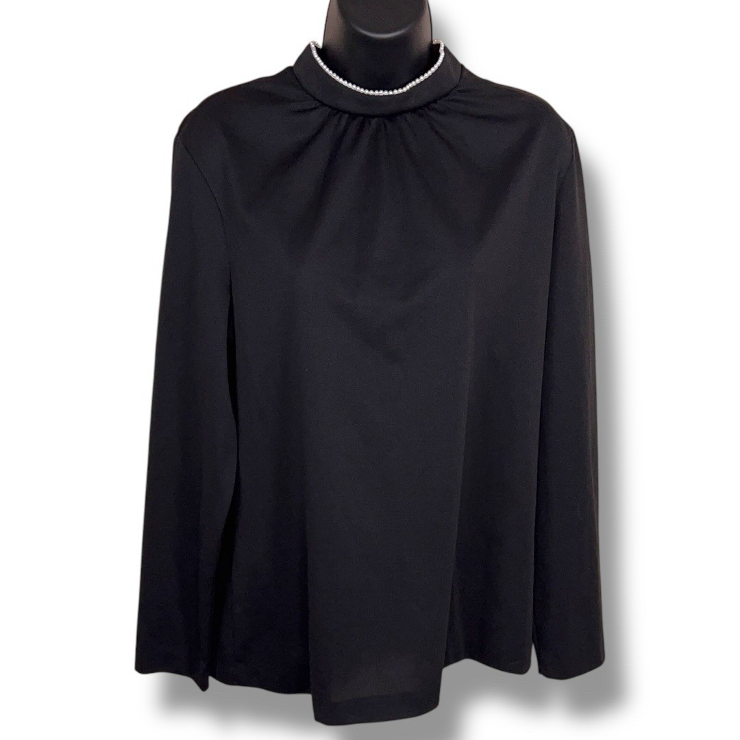 Vintage Ko Ko Knit Black Mock Neck Blouse Long Sleeve High Collar Pearl Accent