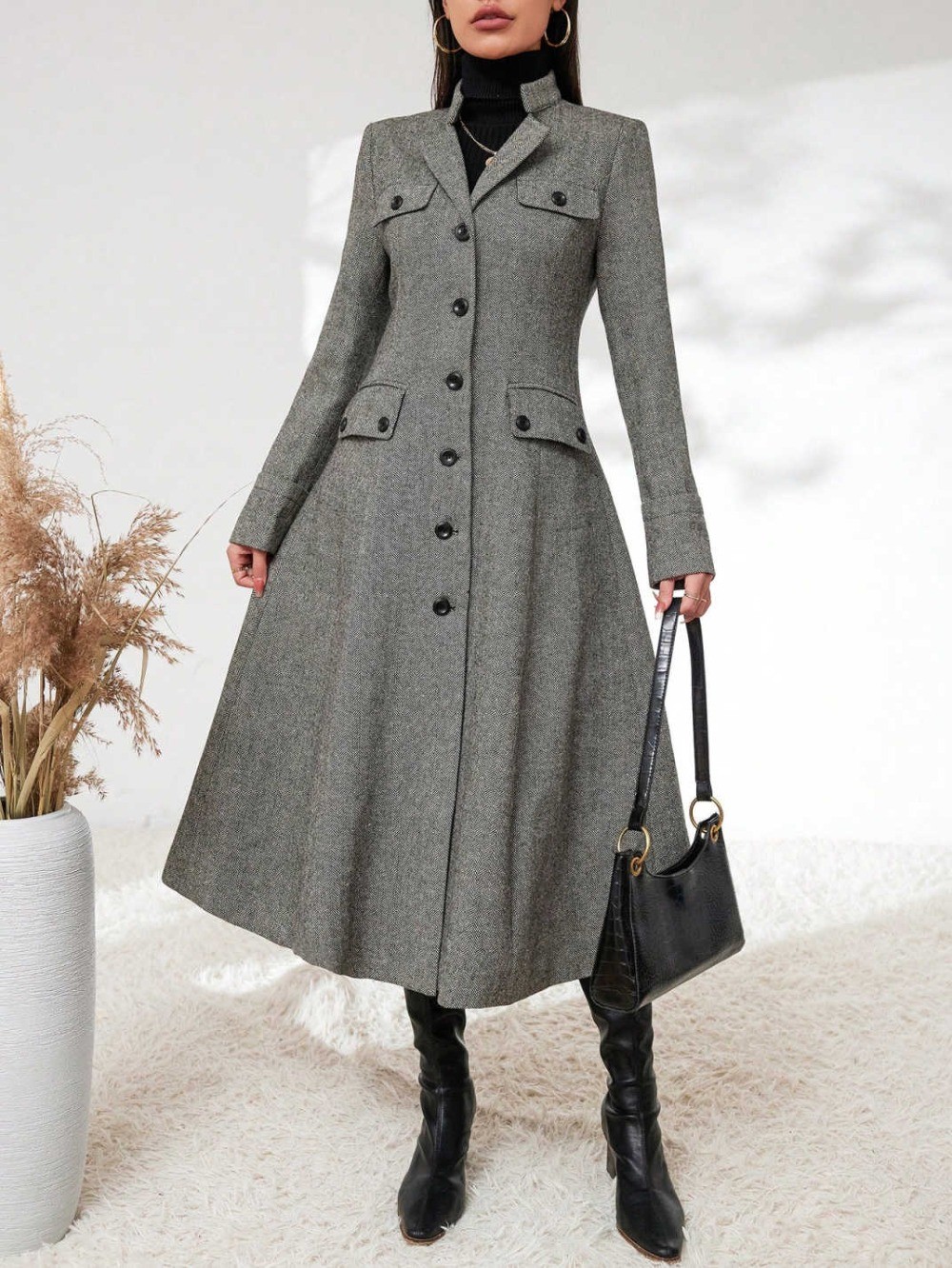 Ladies Grey Coat Herringbone Jacket Hem Skirt Tweed Winter Long Business