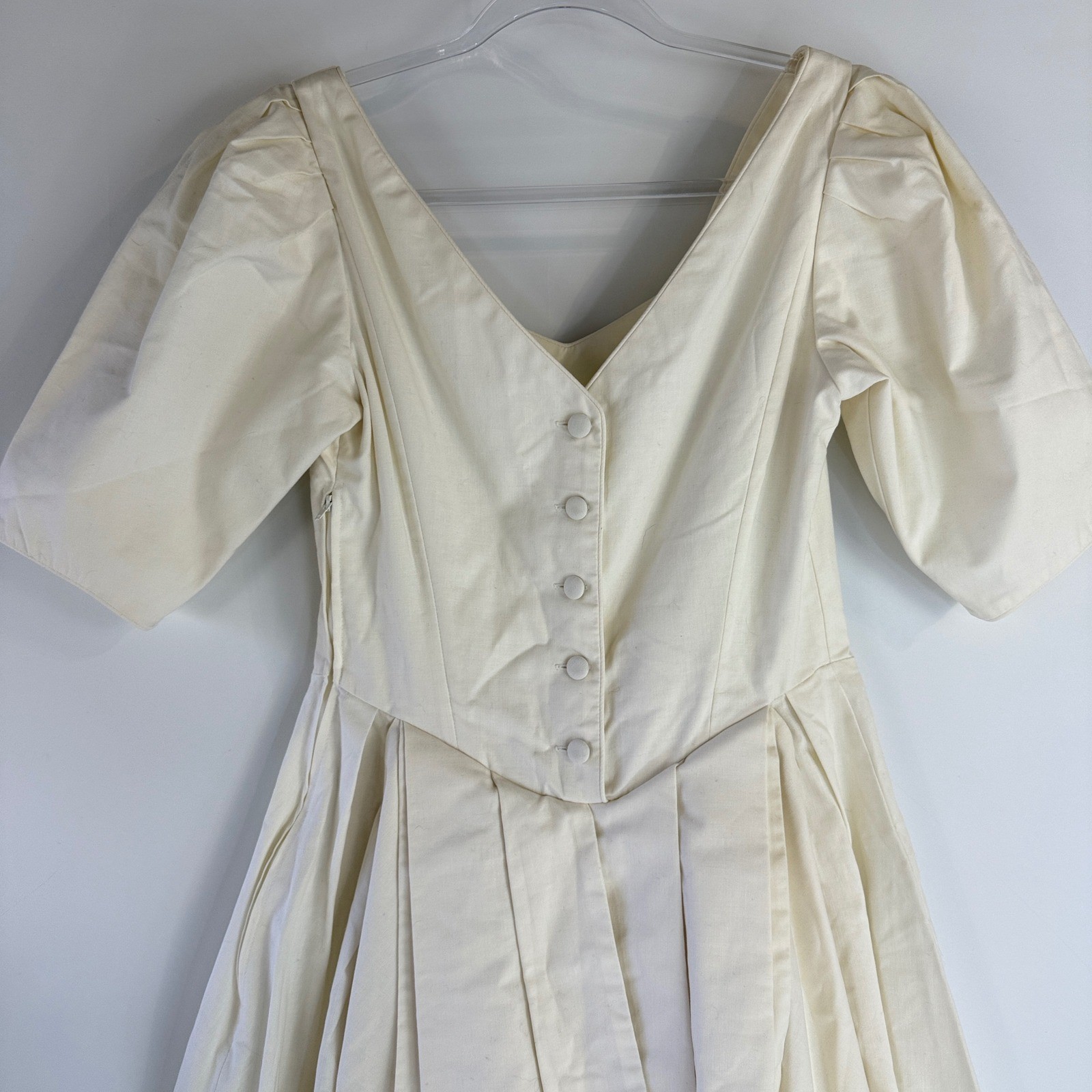 Laura Ashley Dress Womens 10 Cream Vintage 80s Cotton Puff Sleeve Midi V-Neck