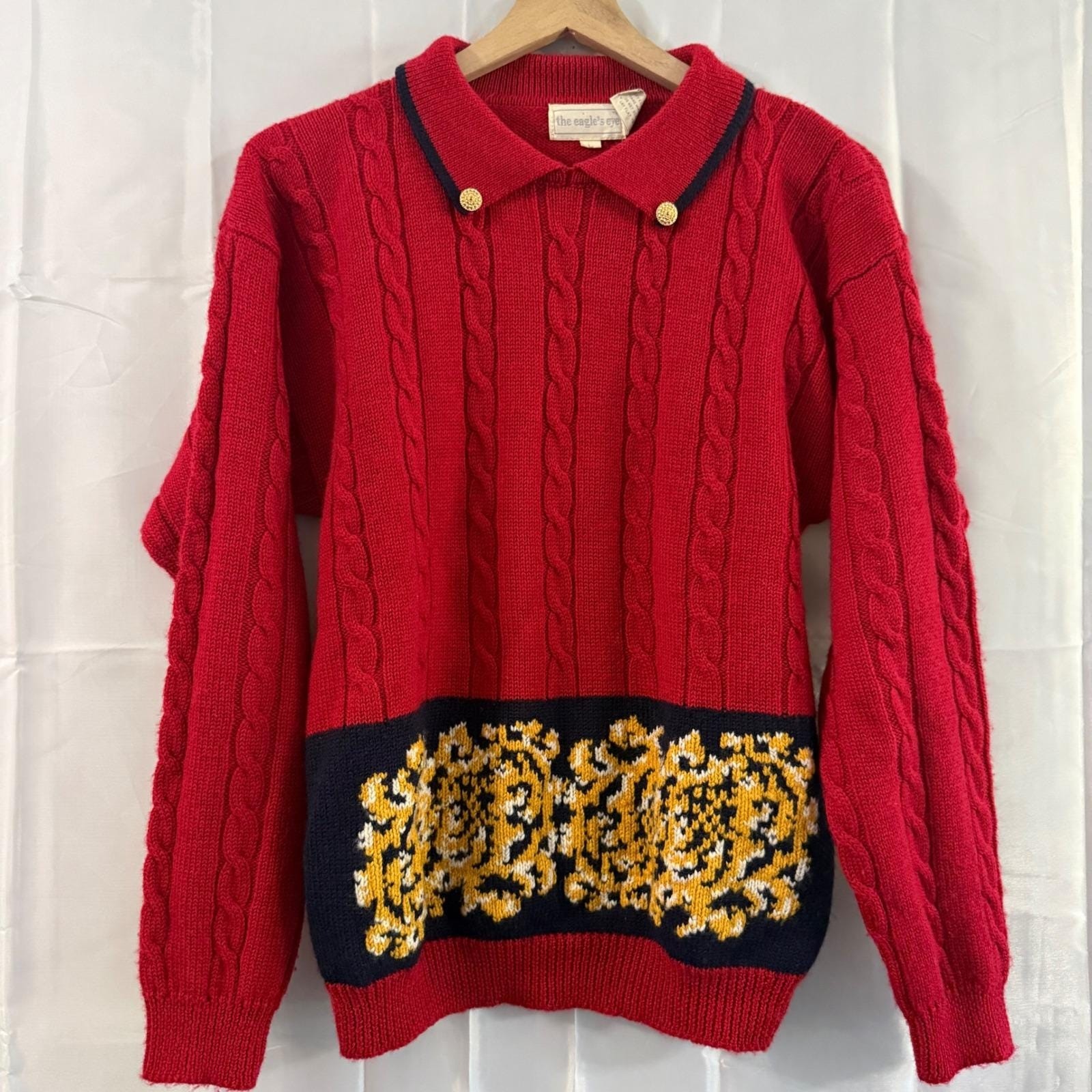 Vintage Eagles Eye Red Wool Cable Knit Red Sweater Crest Floral Polo Collar L