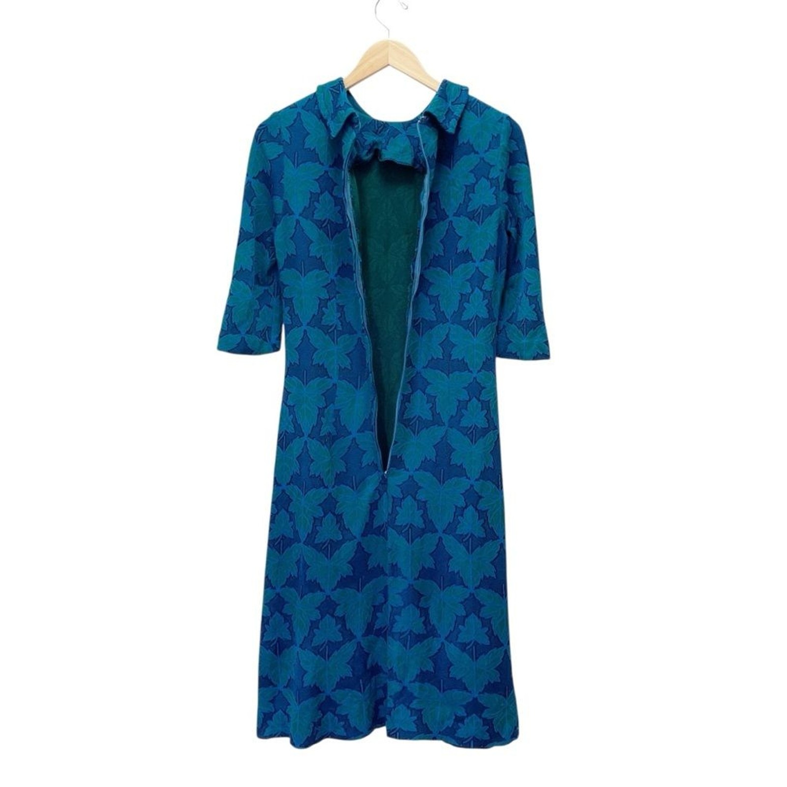 Vintage 1960s Jean Lang Original Blue Green Jacquard Leaf Print Dress Mod A-Line