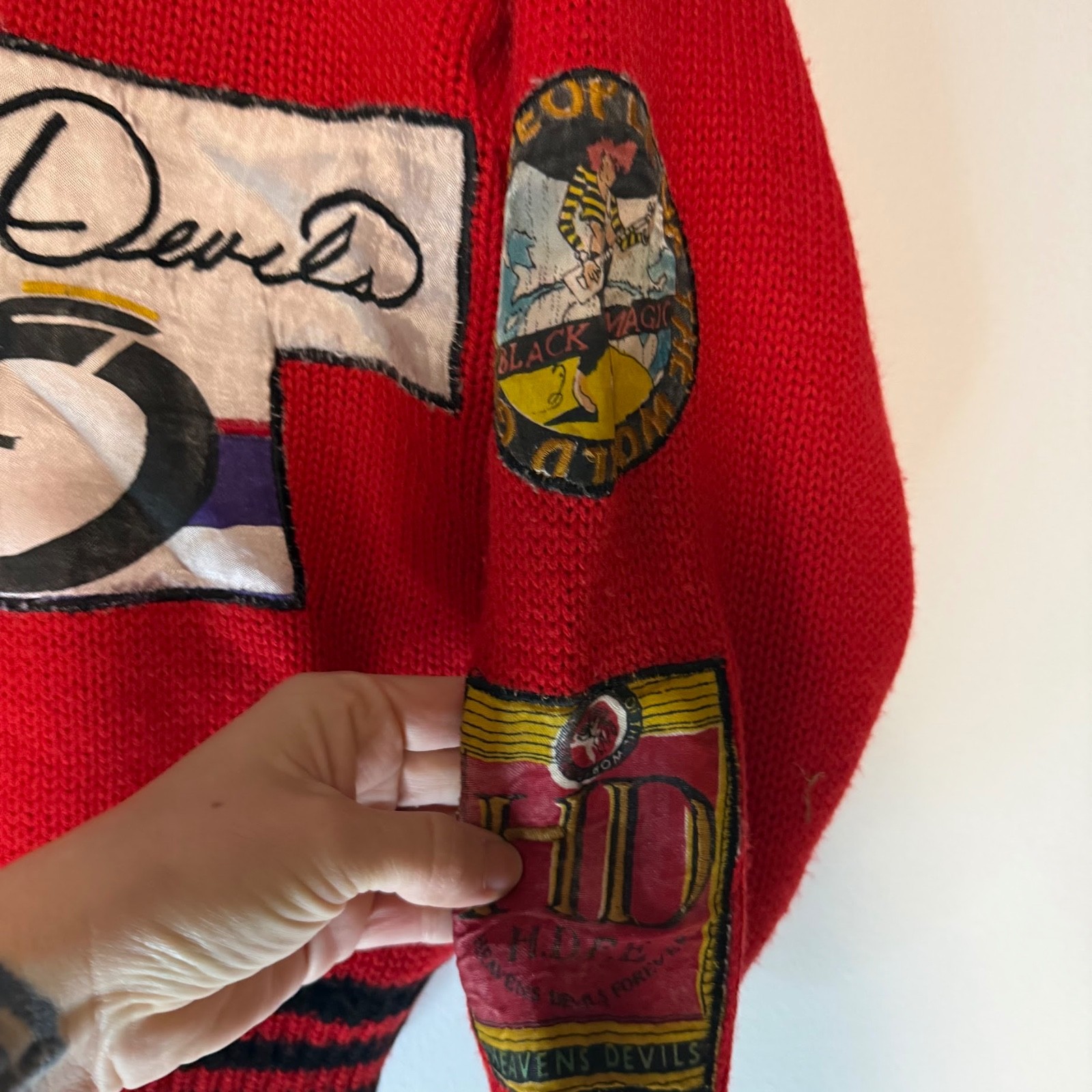 VTG JouJou 80s 90s Heavens Devils Moto Patches Cardigan Chunky Womens M