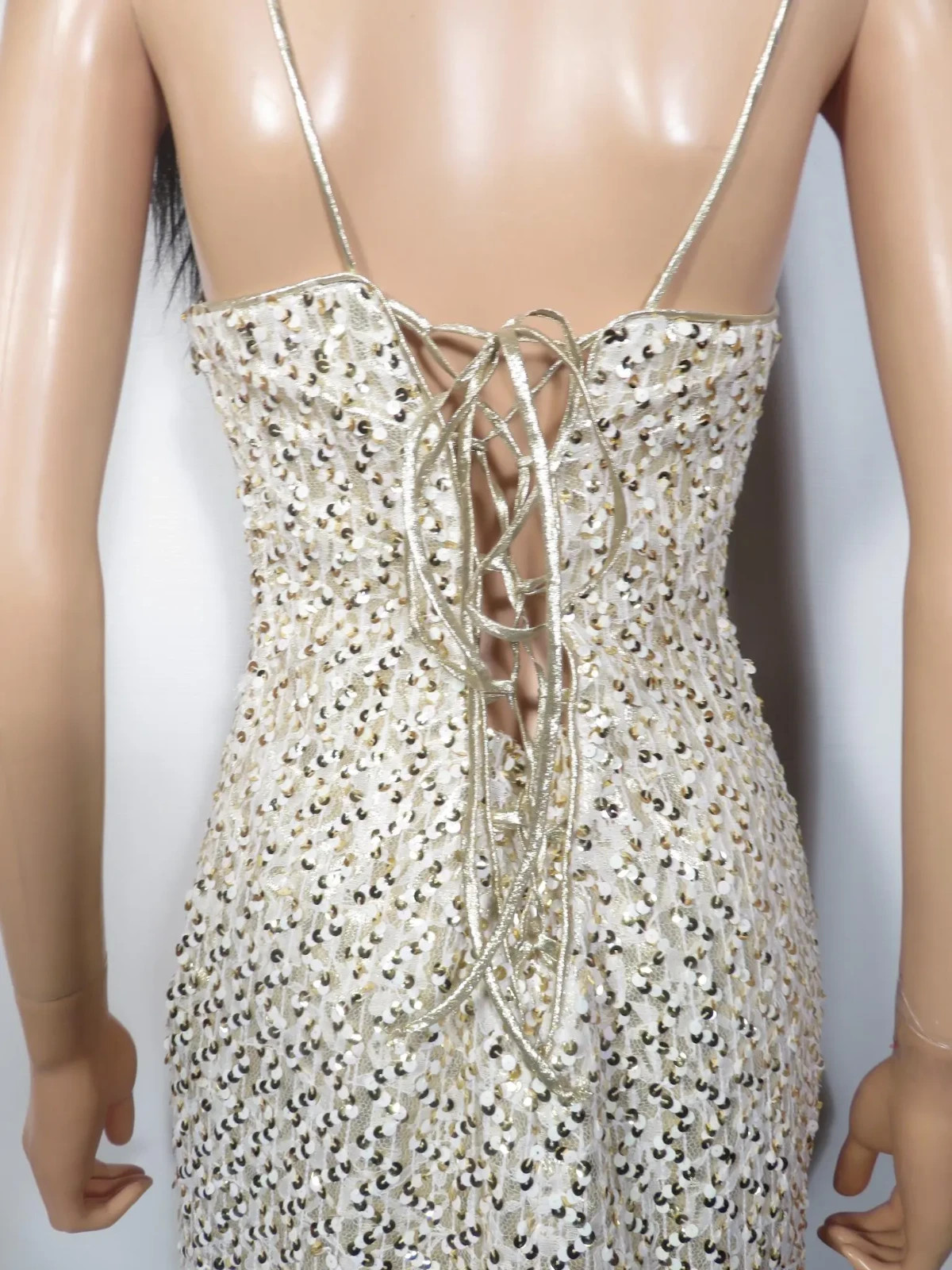 Vintage White And Gold Sequin Cache Lace Up Back Spaghetti Strap Dress Size S