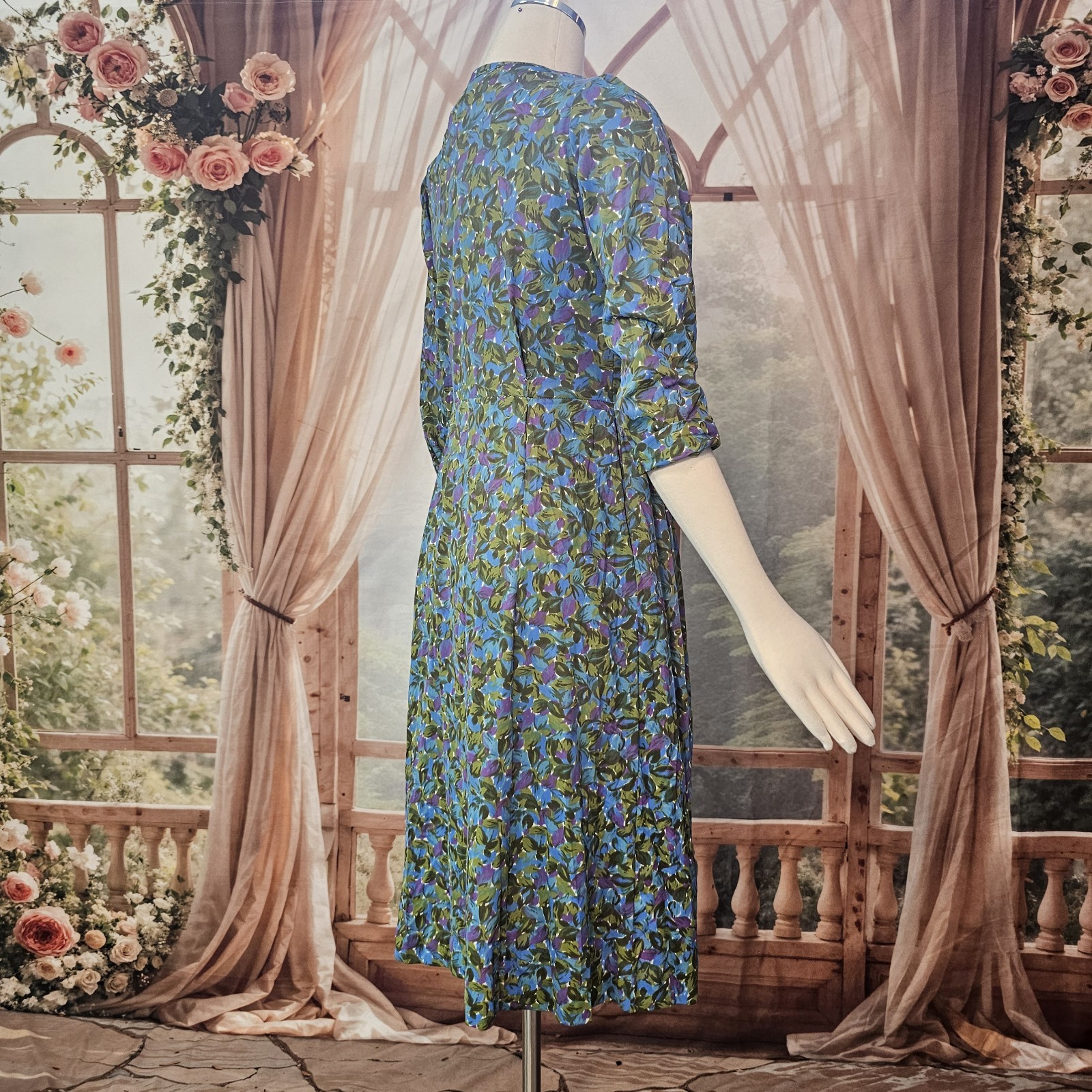 Vintage 1960’s Dress Blue Green Purple Floral Rounded Collar Necktie Retro