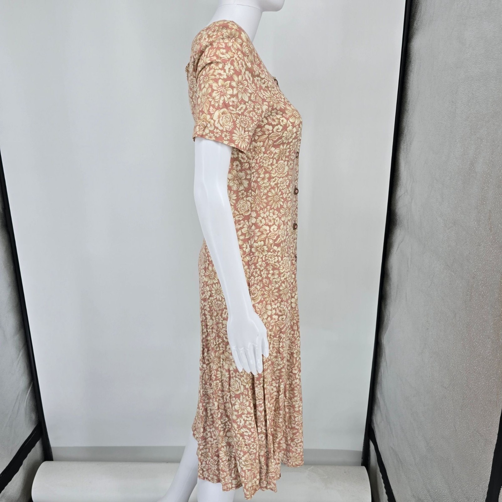 Vintage 1990s Rampage Pink Floral Rayon Button-Front A-Line Midi Dress (S)