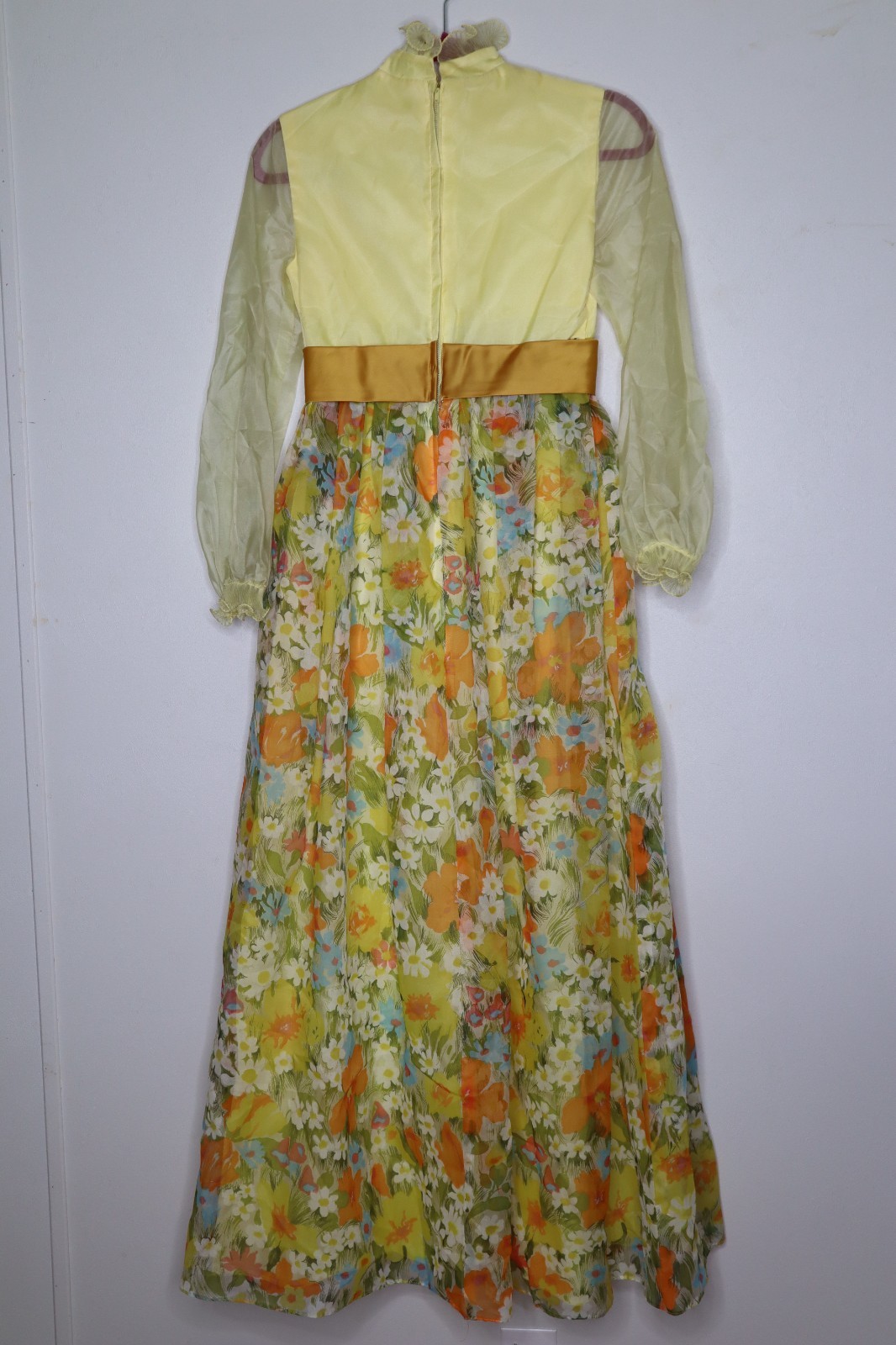 Vintage 70s Floral Party Prom Hippie Ruffle Dress Maxi Yellow Flower Small