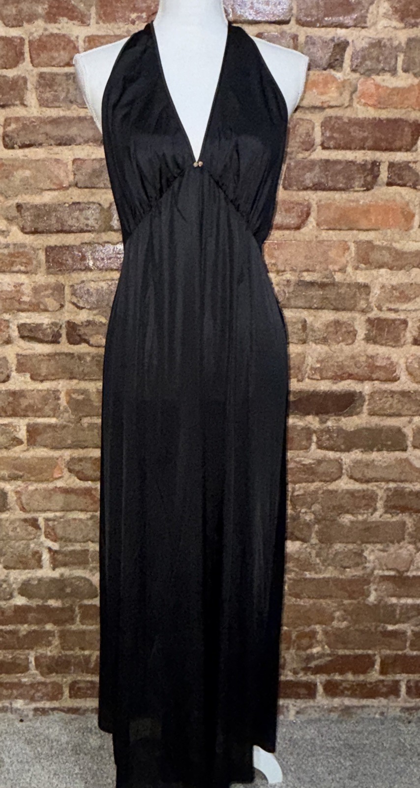 Vintage 70s JCPenney Gaymode Black Satin Maxi Halter Nightgown Sz 36 EUC Sexy