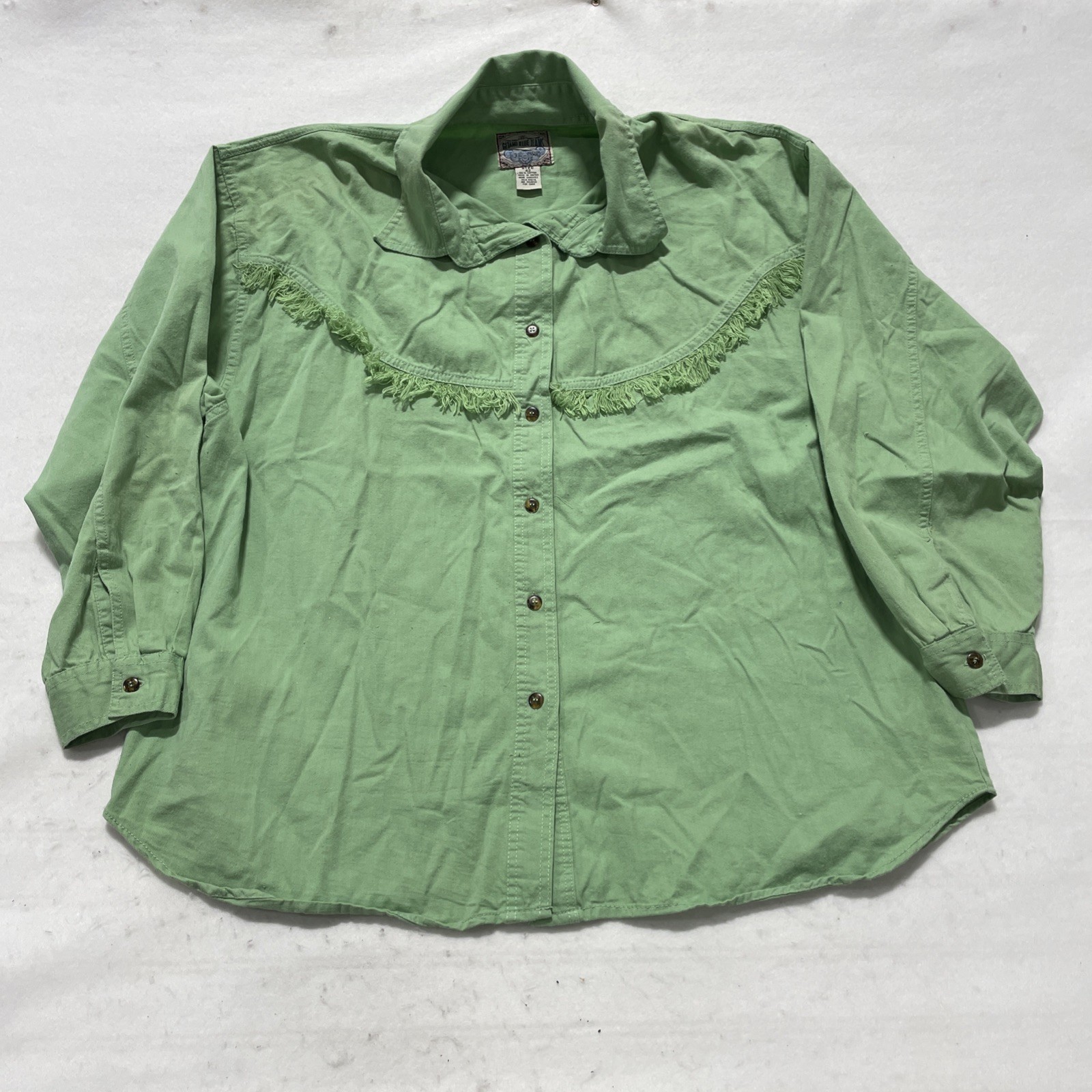Gitano Button Up Shirt Size 42 Cotton Green Western Fringe Vintage 80s 90s