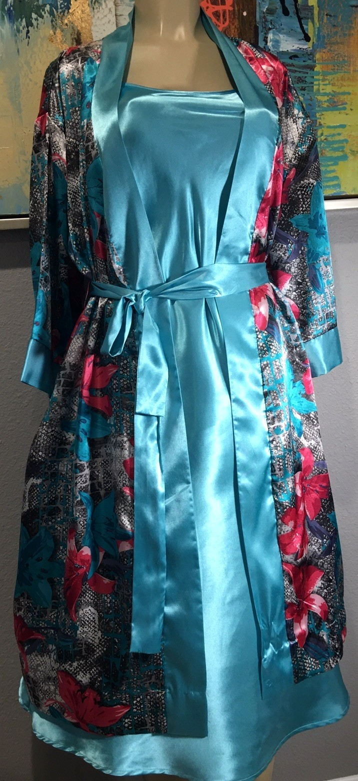 Vtg Ocean Blue Floral Satin Nightgown Wrap Robe M