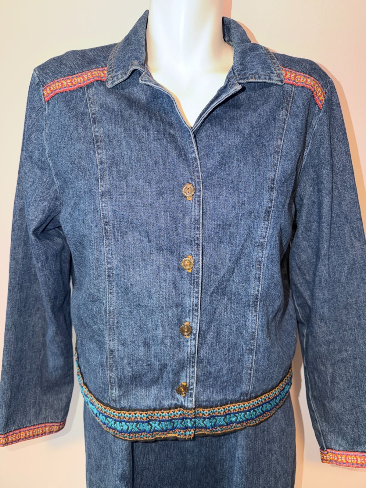 Vintage 90s Denim Dress Jacket Set 12 Blue Jean Maxi Sundress Southwestern Boho