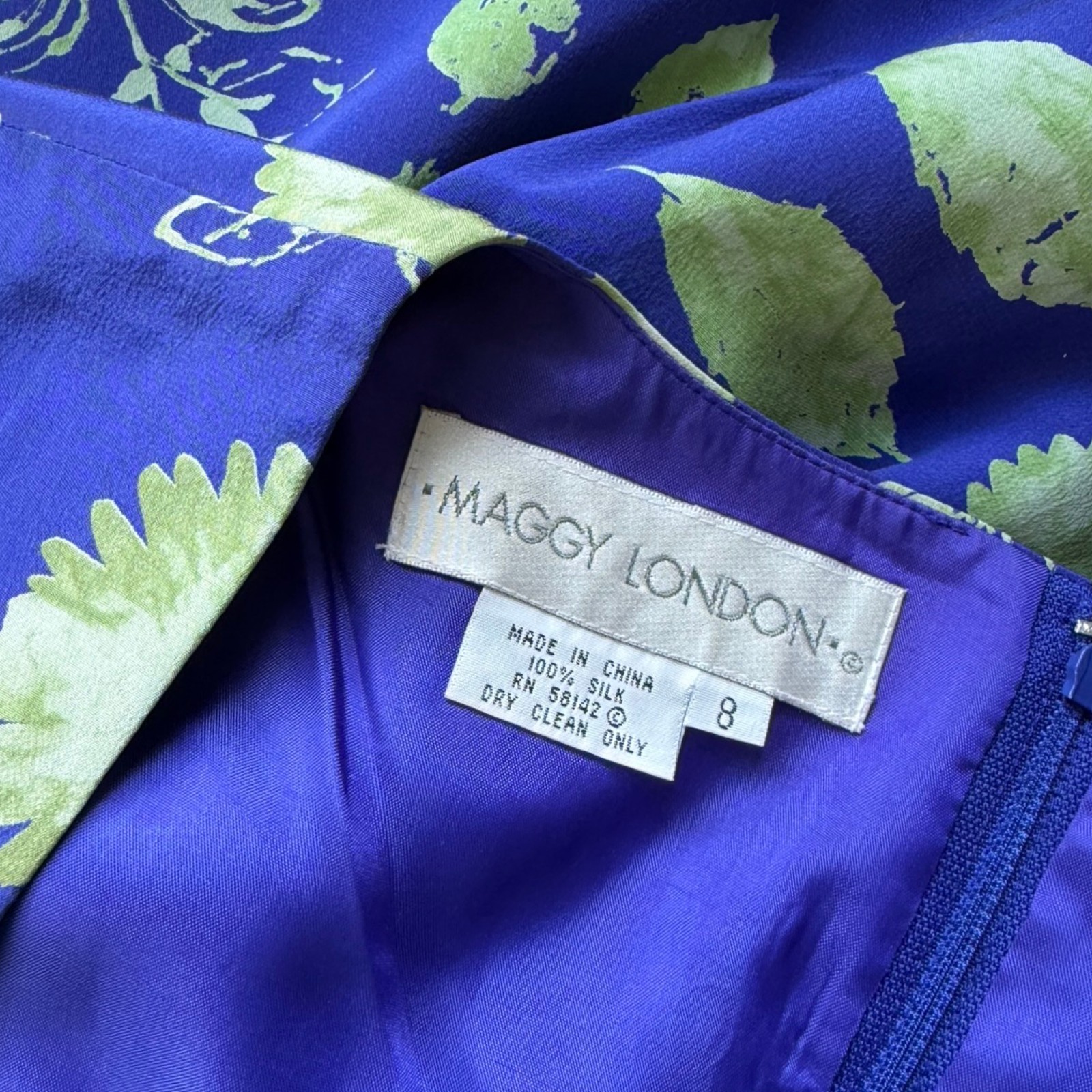 Vintage Silk Floral Sheath Dress Size Medium 90s Maggy London Indigo/Green Frock