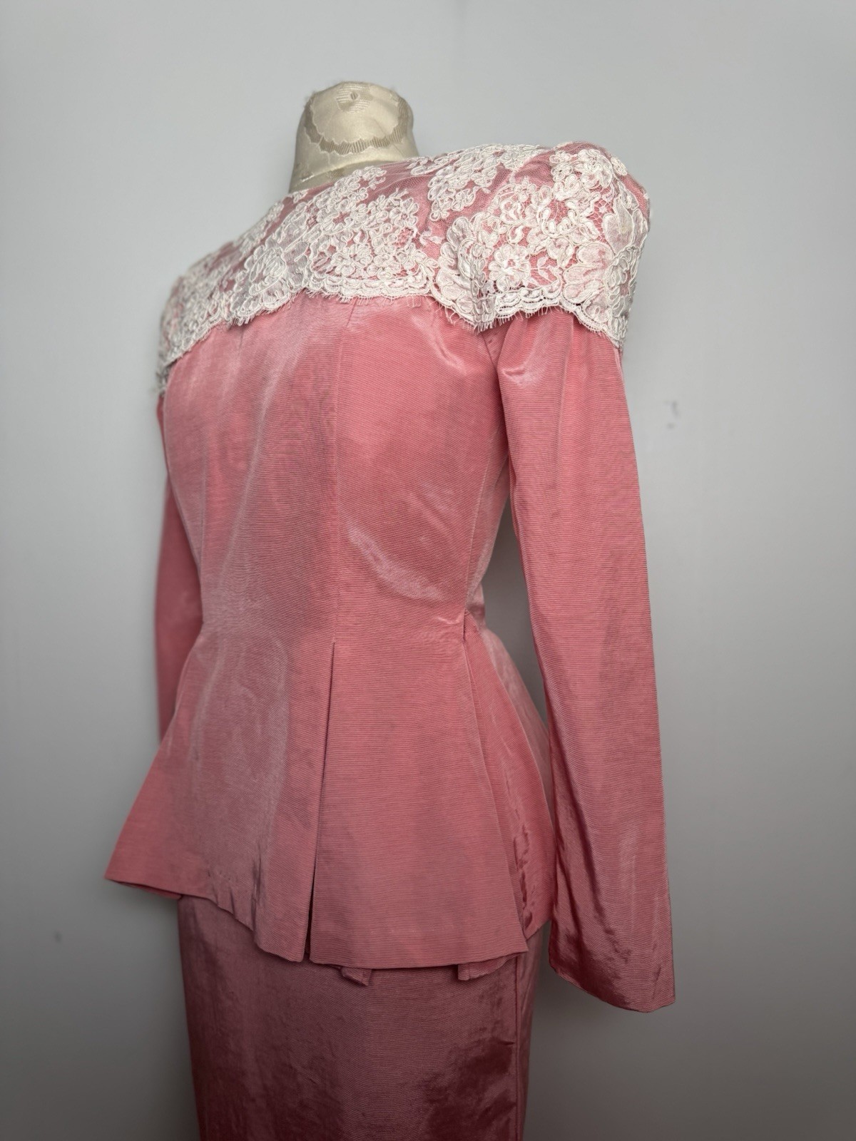 Vtg 80s Watters & Watters Pink Lace Pleated Peplum Maxi Skirt Formal Set XS/S