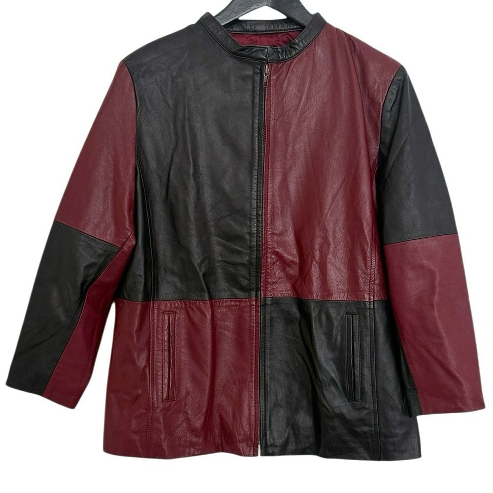 Forenza Vintage 80s Italian Black Wine Red Color Block Leather Jacket Sz XL