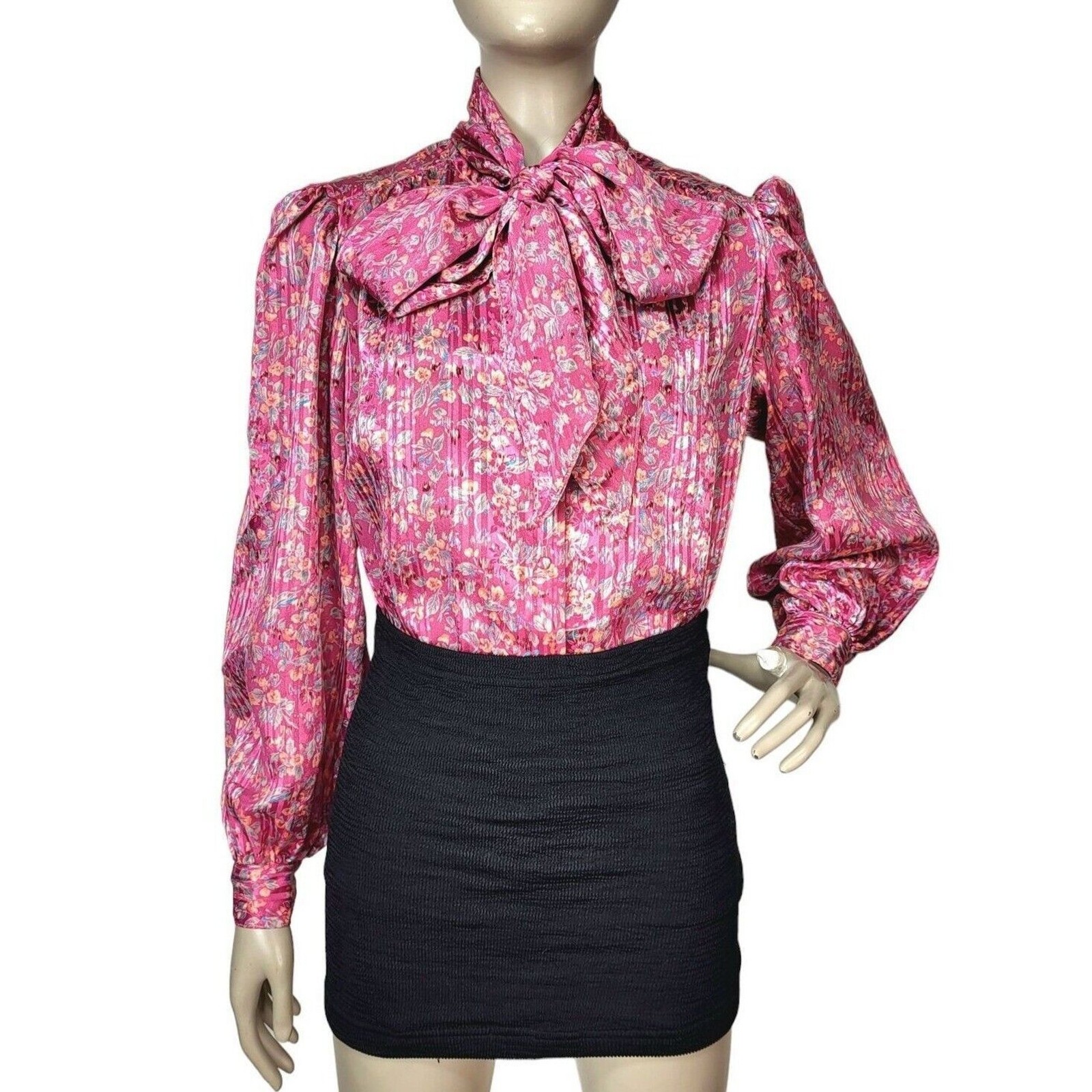VTG 70s Pink Abstract Floral Neck Bow Puff Balloon Sleeve Satin Striped Blouse