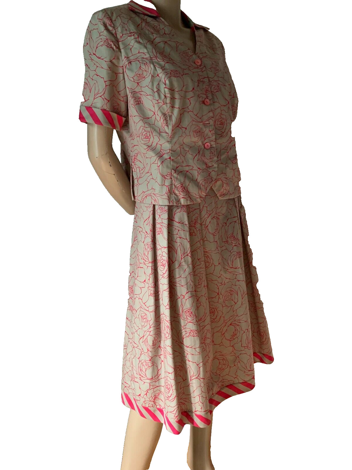 Vintage Fancy Dress 60s Handmade Cotton Roses Spencer Pleated Skirt 38 40