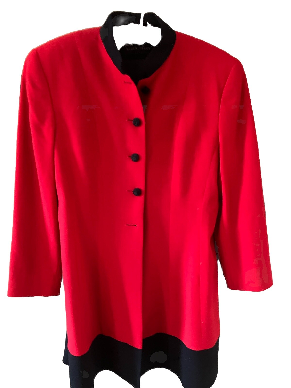 Vintage Linda Allard Ellen Tracy, 100% Wool, Red, Velvet Trim Long Jacket, Sz 12