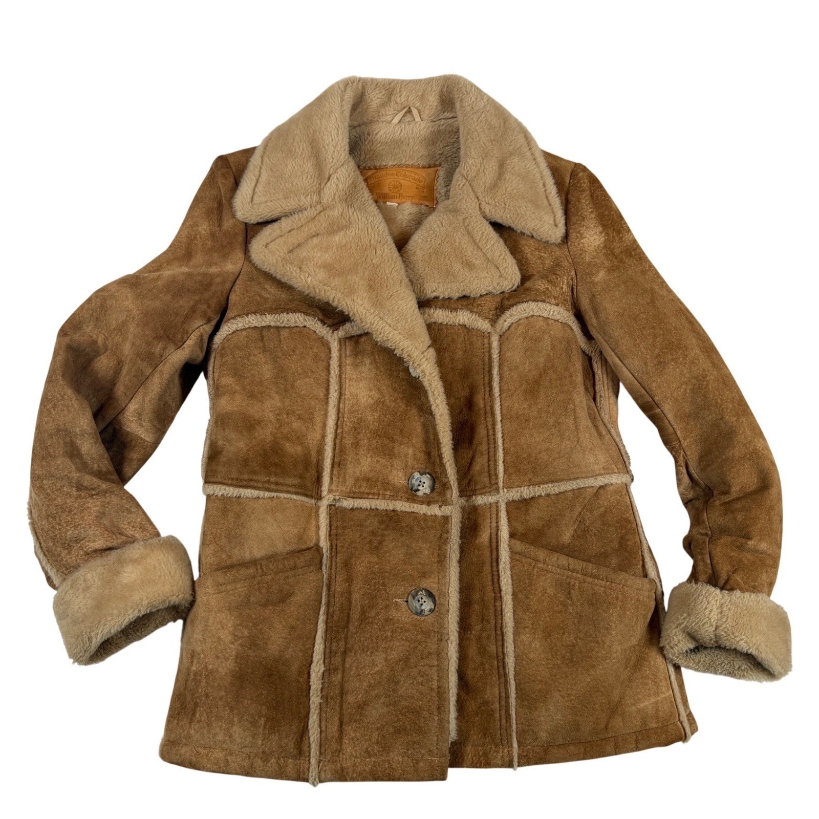 Vtg William Barry Brandon Colorado Suede Shearling Jacket Tan Brown Penny Sz XS