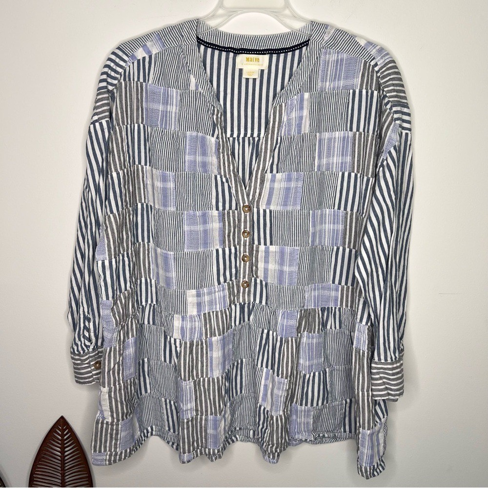 Anthropologie Maeve The Zoe Swing Blouse Blue Patchwork Oversized A29 Size L