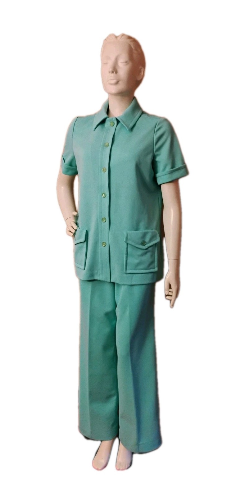 VTG 60’s „Devon” Sea Foam Green Double Knit Poly Mod Bell Bottom Pants Suit