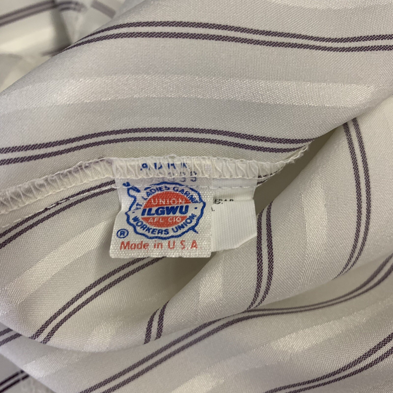 Vintage Blouse Bow Neck Button Up Shirt Koret Large Striped White Silver Purple