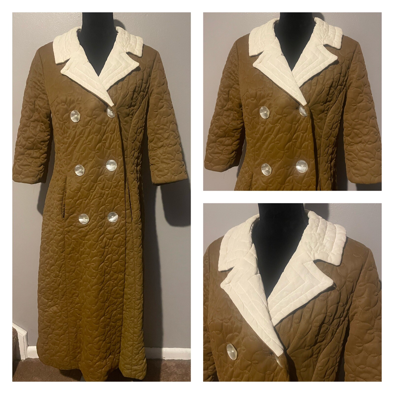 Vanity Fair Long Quilted Robe Size 10 Brown Ivory 3/4 Sleeve Vintage 60s 70s