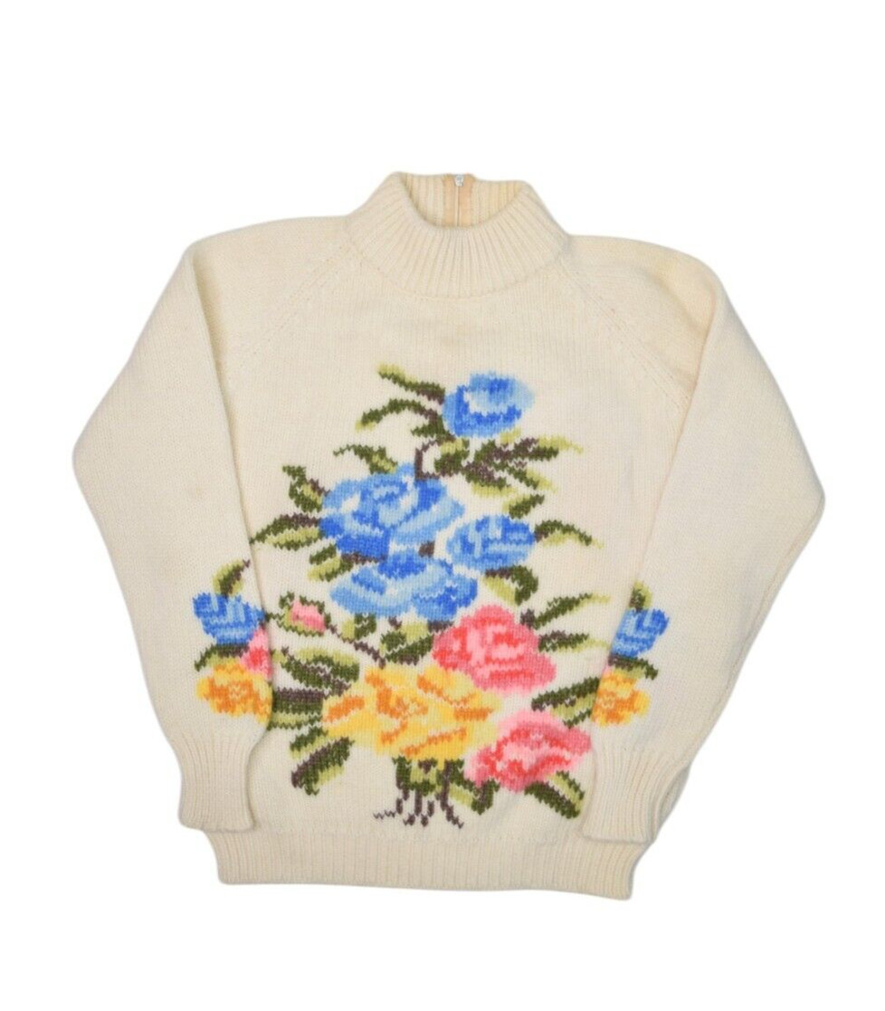 Vintage Floral Sweater Womens S Wool Bouquet Mock Neck Pullover Marianne Fashion
