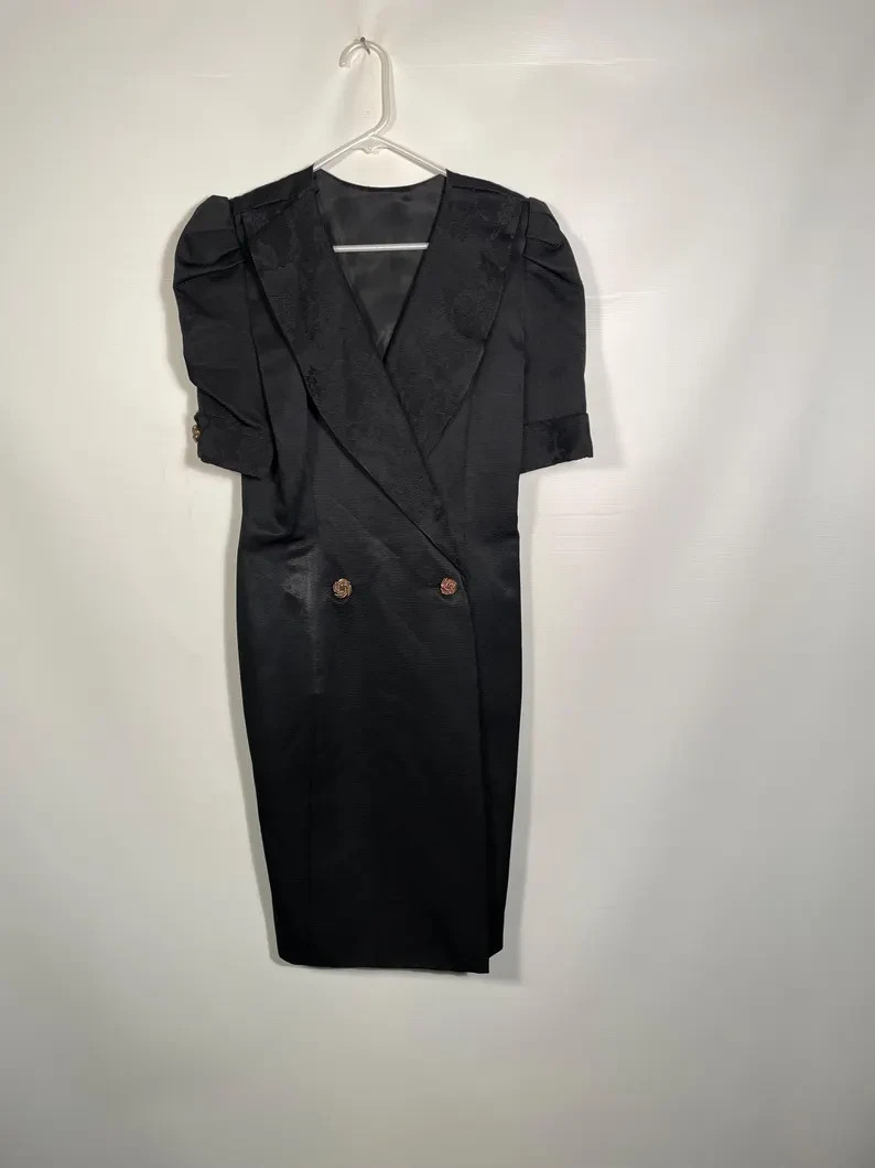 Vintage 1980s Black Taffeta Tuxedo Dress With Floral Brocade Collar Size S/M